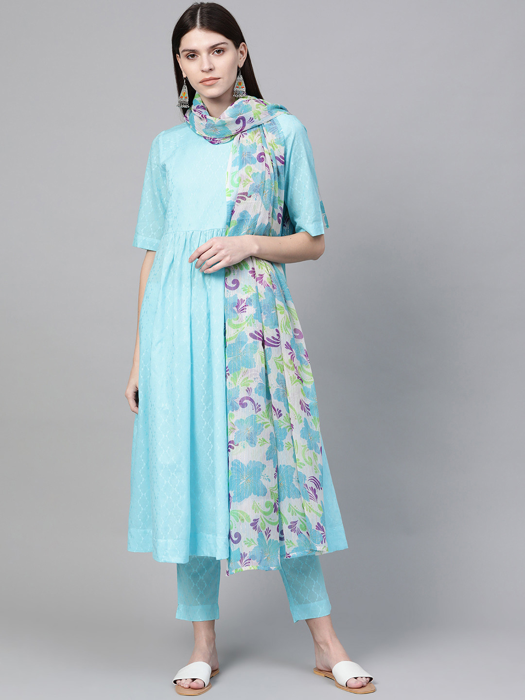 Sangria Women Blue Self Design Kurta with Trousers & Dupatta