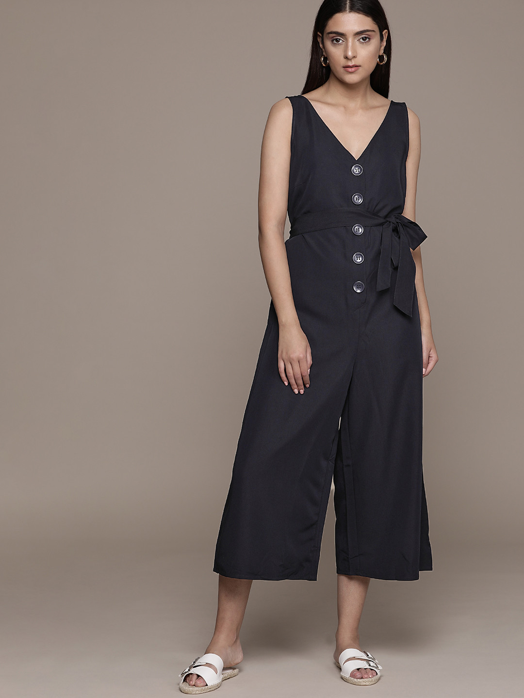 MANGO Women Navy Blue Solid Culotte Jumpsuit