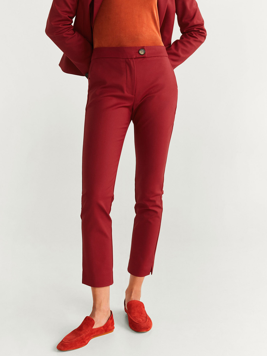 MANGO Women Maroon Solid Cropped Regular Sustainable Trousers