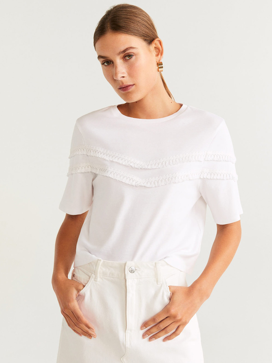 Buy MANGO Women White Lace Detail Round Neck T Shirt - Tshirts for Women  11175362 | Myntra