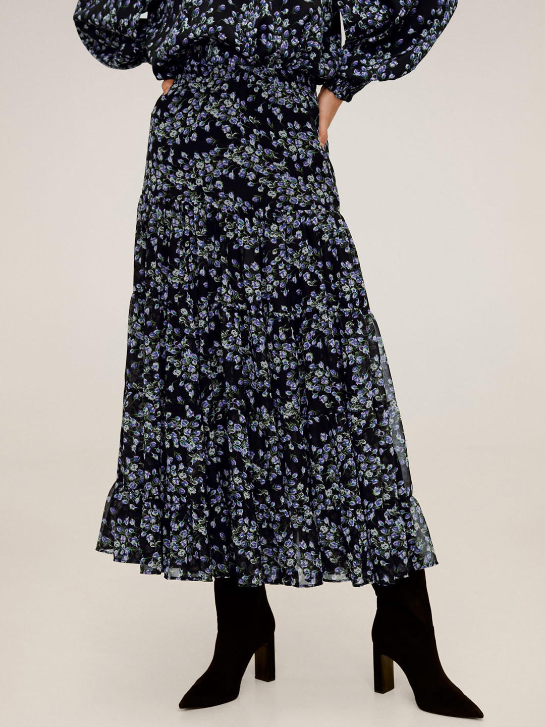 MANGO Women Black & Purple Floral Printed Flared Maxi Skirt