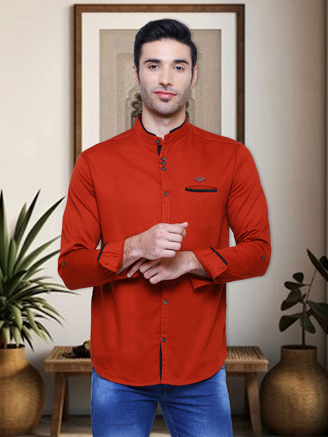 Kuons Avenue Men Rust Orange Smart Slim Fit Solid Casual Shirt