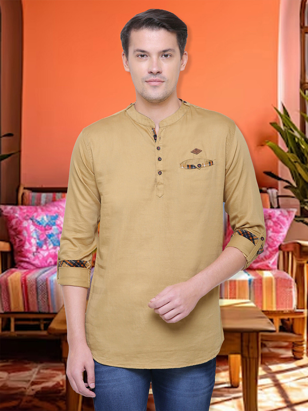 Kuons Avenue Men Khaki Brown Solid Straight Kurta