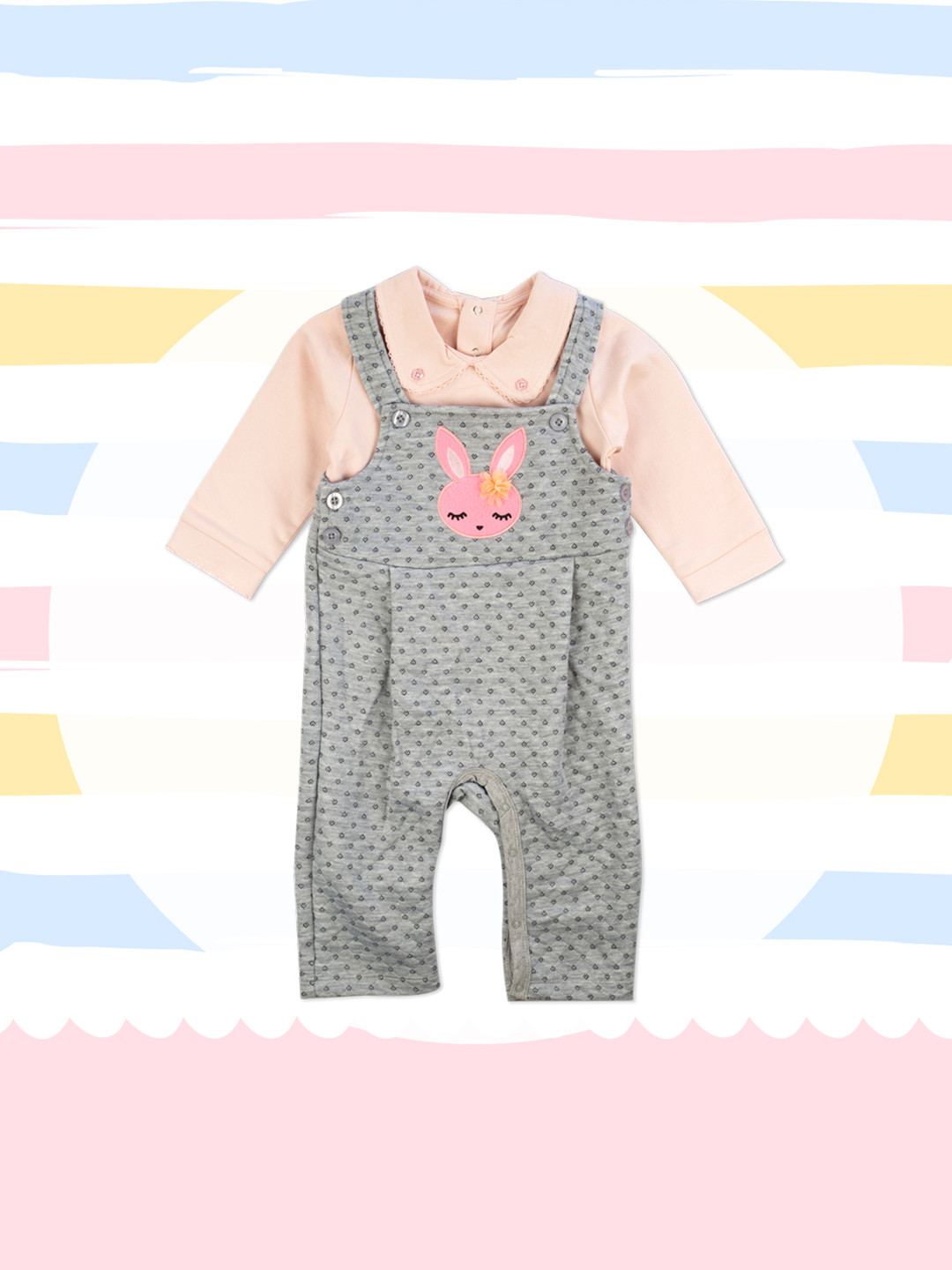 MeeMee Infants Girls Grey & Beige Printed Dungarees with T-shirt