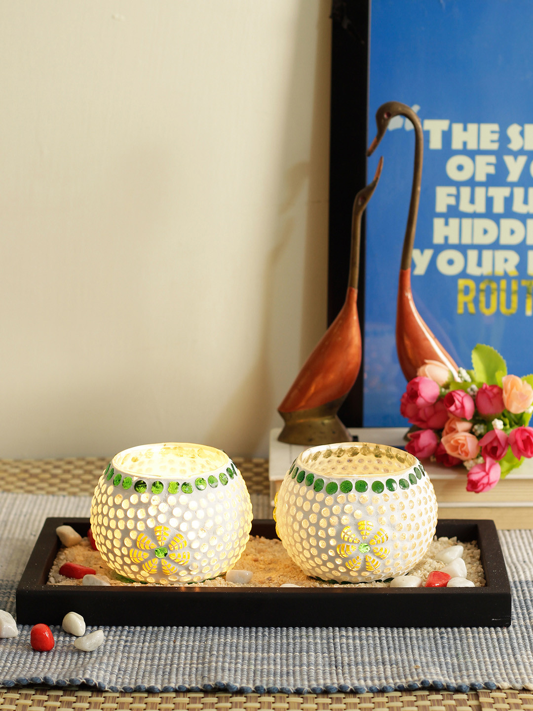 TIED RIBBONS Set of 2 White & Grey Glass Tealight Candle Holder With Wooden Tray