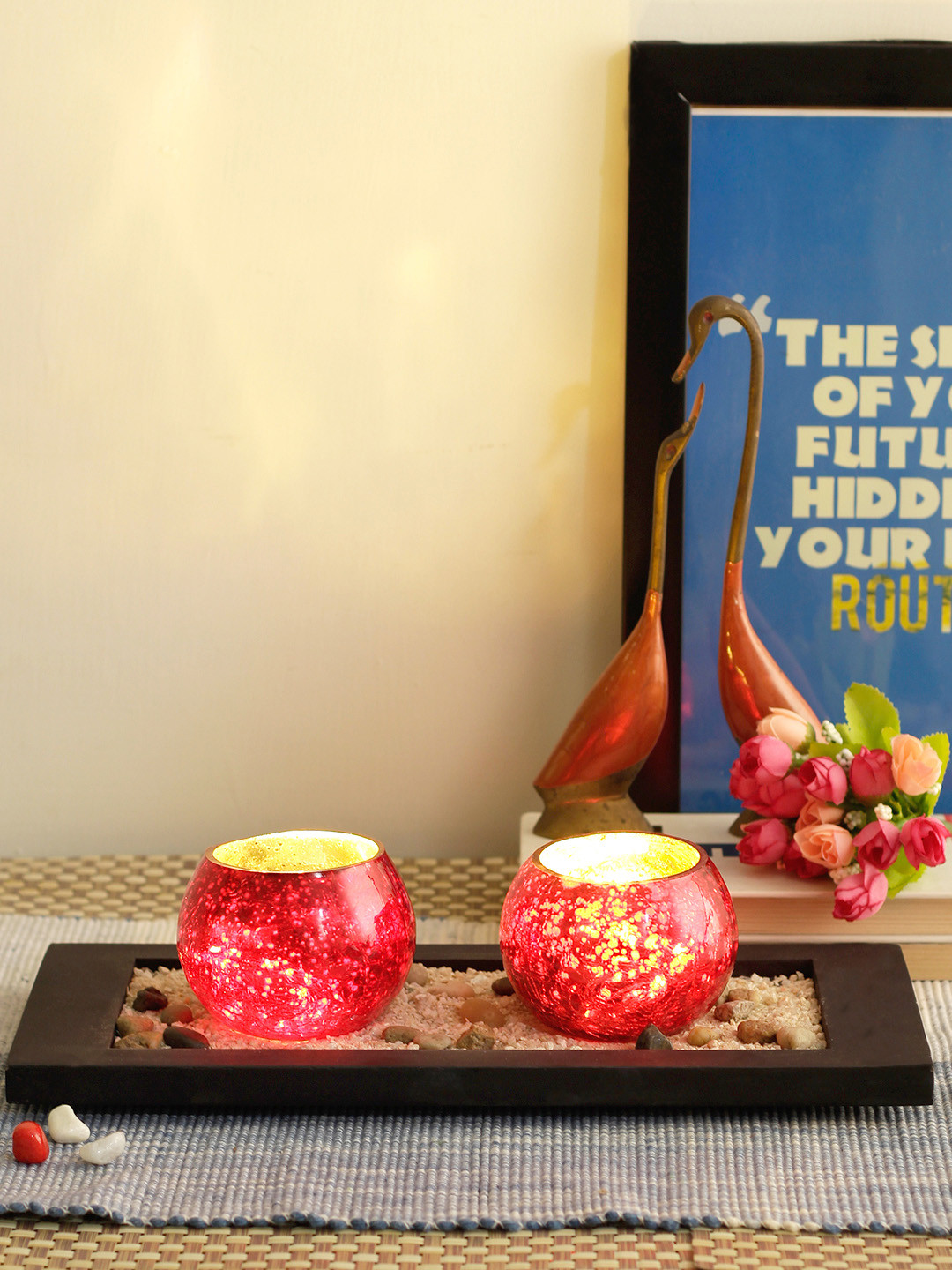 TIED RIBBONS Set of 2 Red Glass Tealight Candle Holder With Wooden Tray
