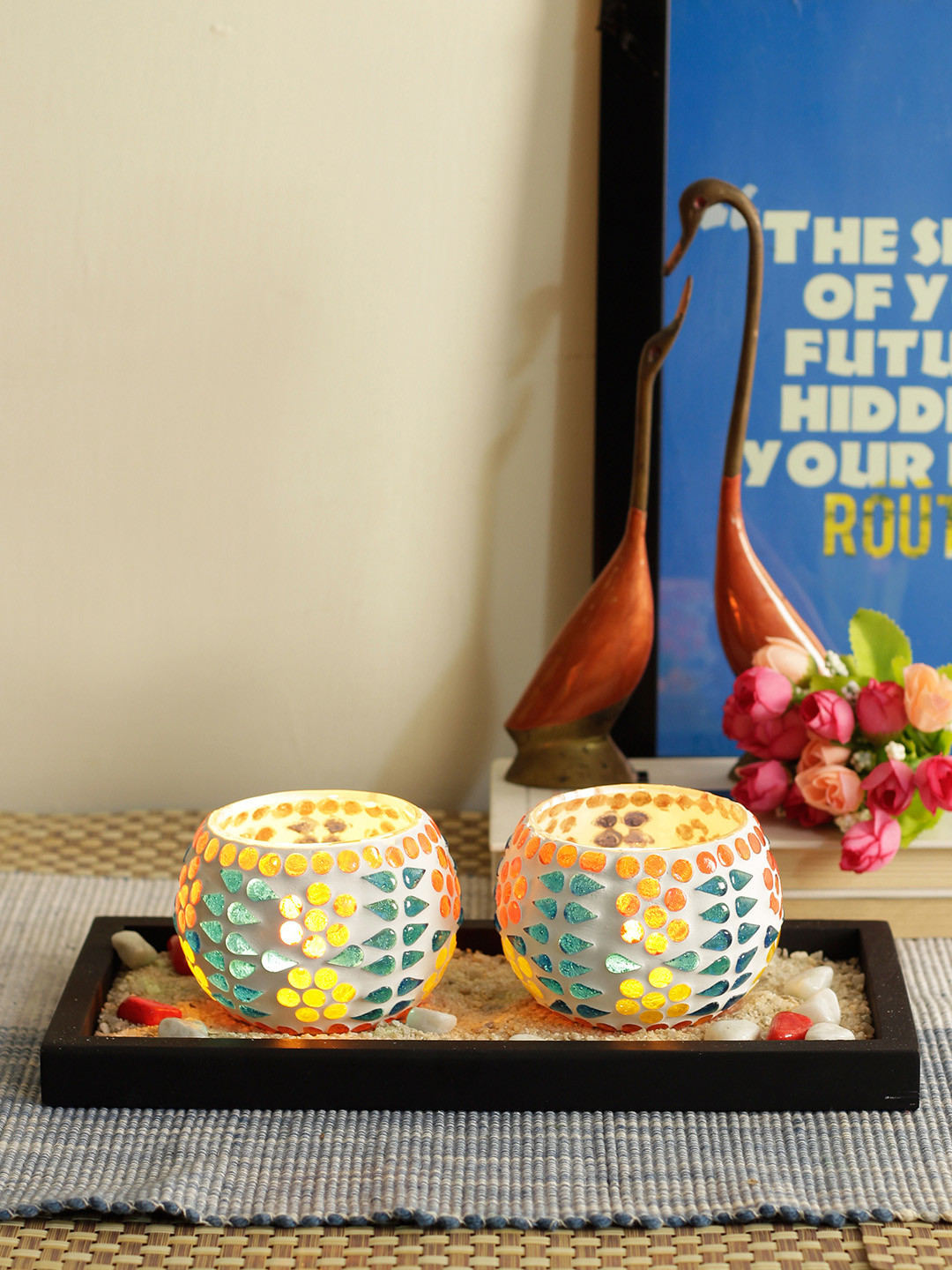 TIED RIBBONS Set of 2 White & Brown Glass Tealight Candle Holder With Wooden Tray