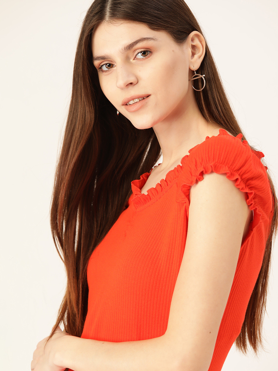 DressBerry Women Orange Ribbed Top