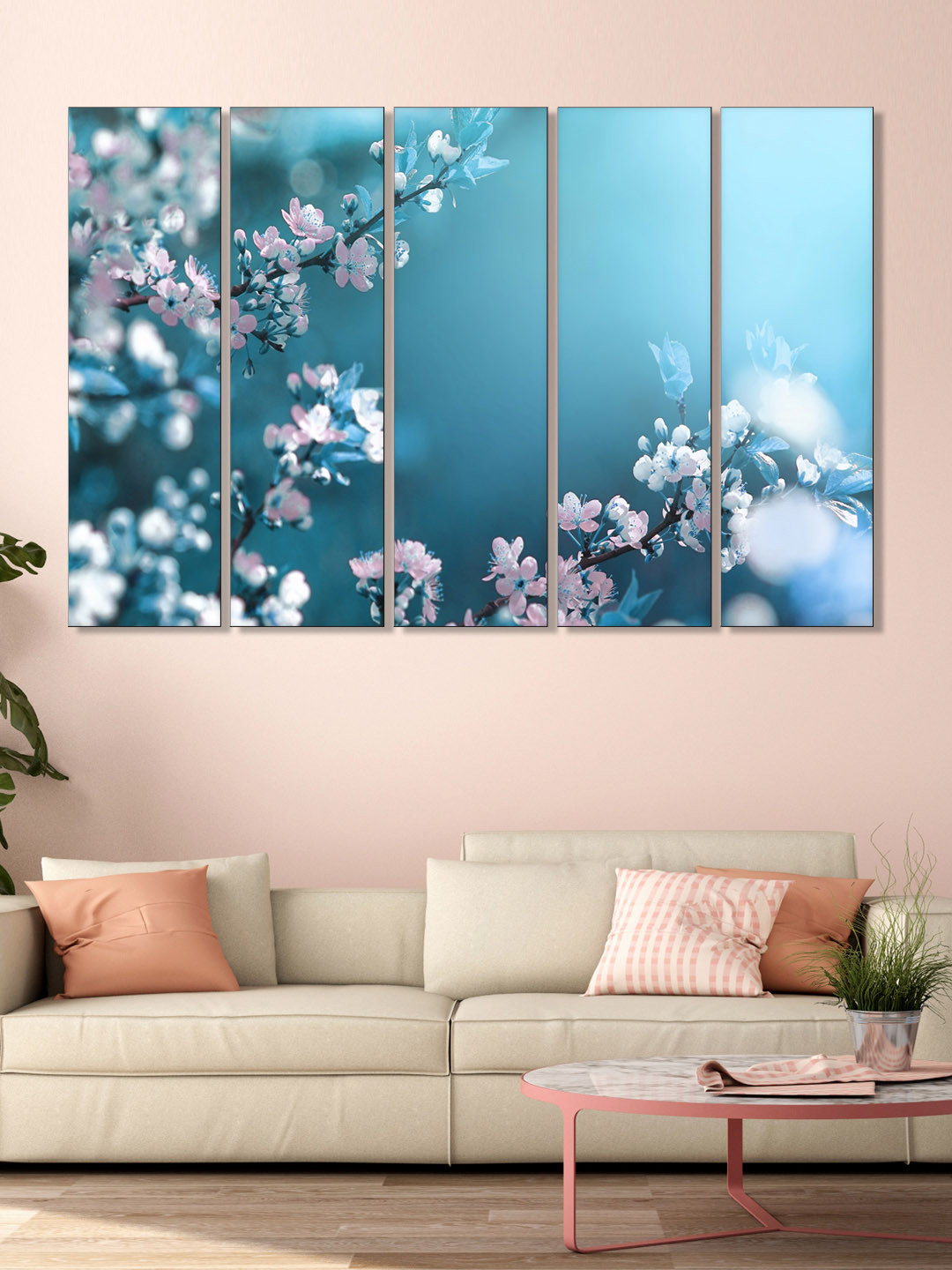 999Store Set of 5 White & Teal Blue Printed Flowers Framed Wall Art