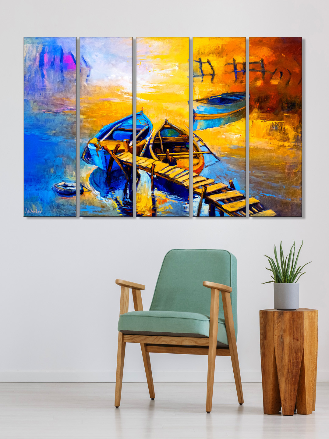 999Store Set of 5 Yellow & Blue Printed Two Boat Framed Wall Art