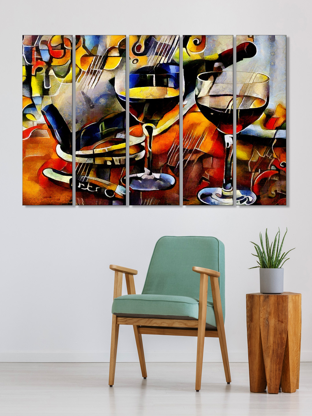 999Store Set of 5 Yellow & Brown Printed Wine Glass Framed Wall Art