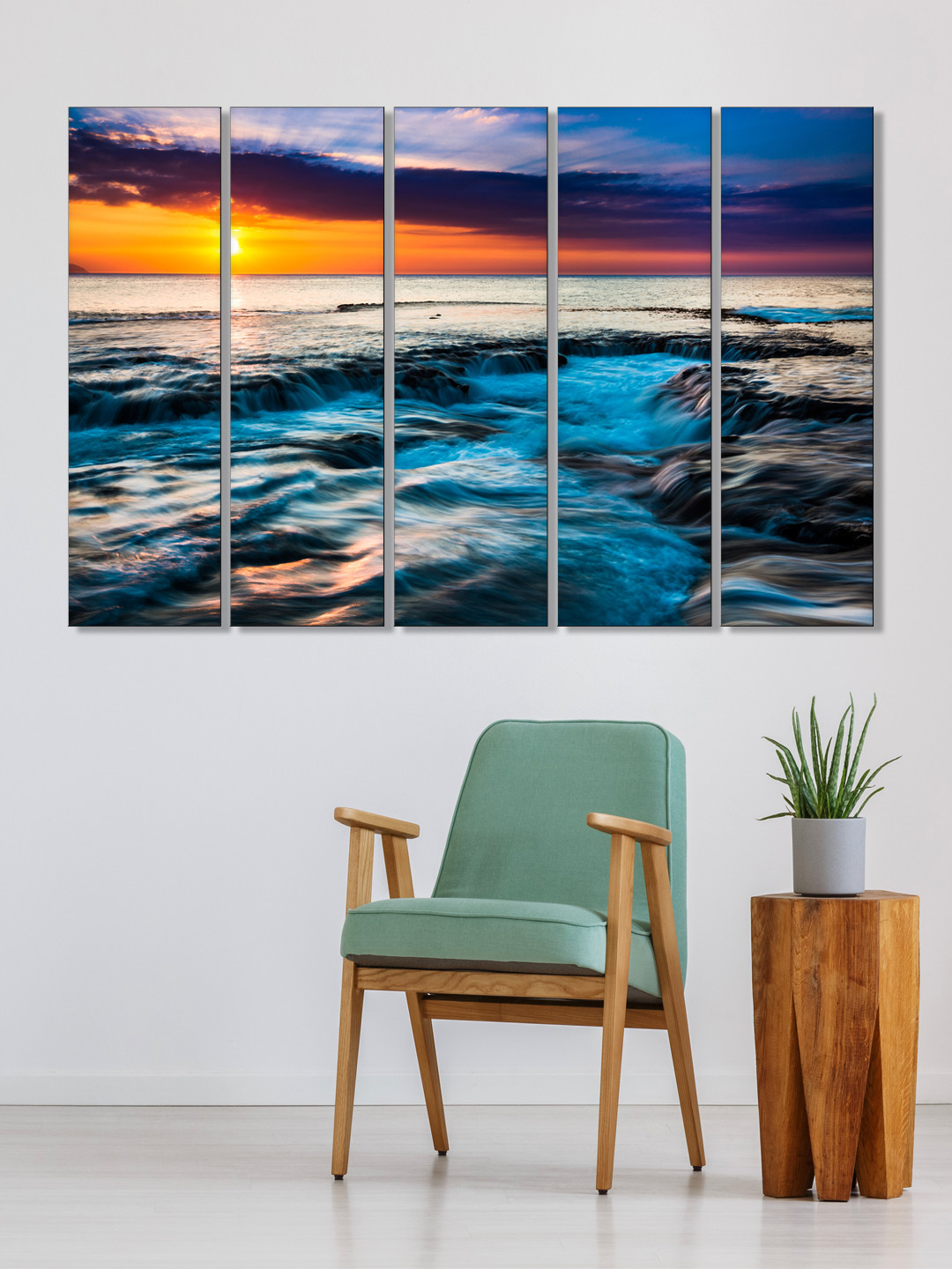 999Store Set of 5 Black & Yellow Printed Sunset And Sea View Framed Wall Art