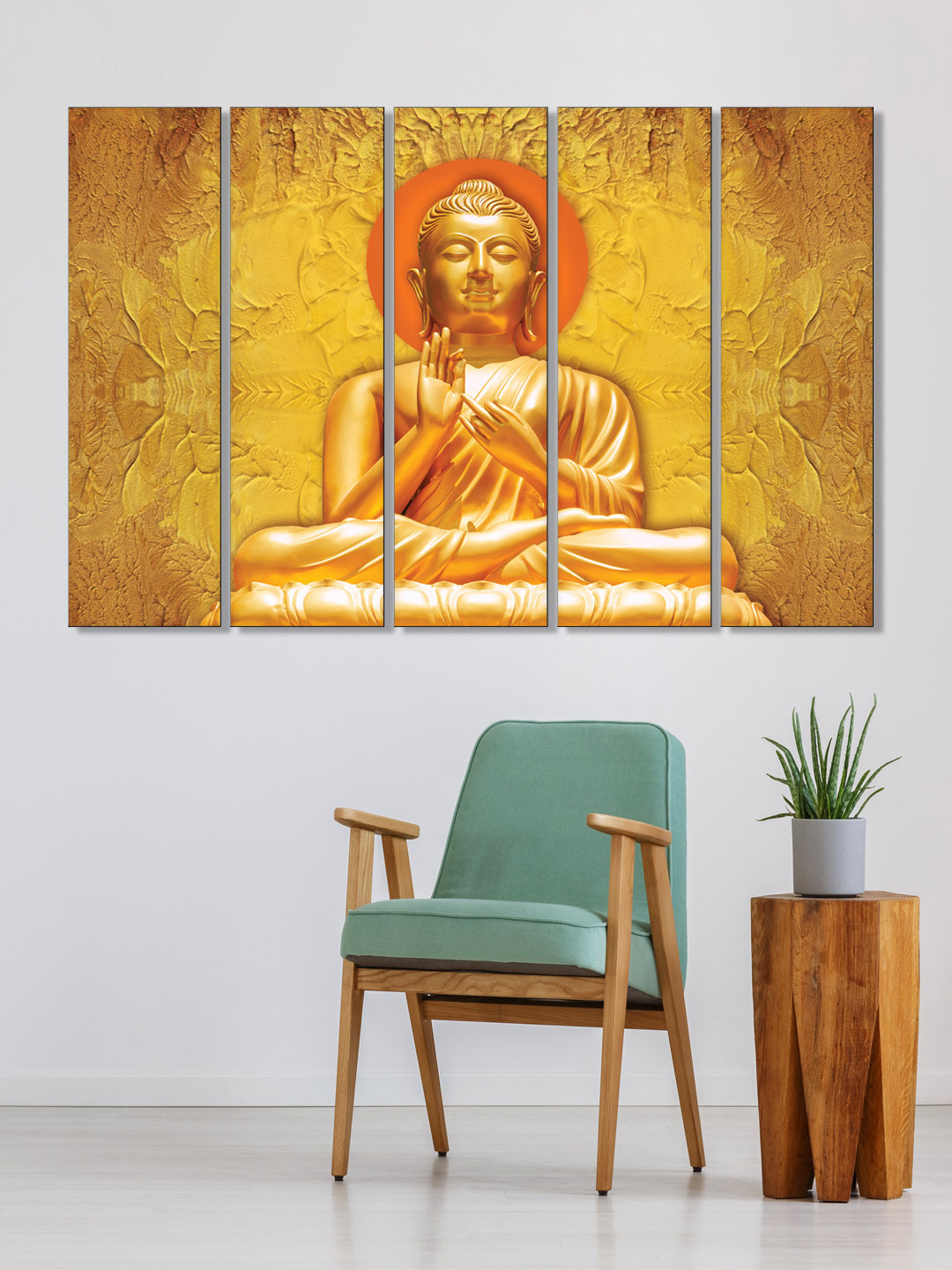 999Store Set of 5 Yellow & Orange Printed Meditating Buddha Framed Wall Art