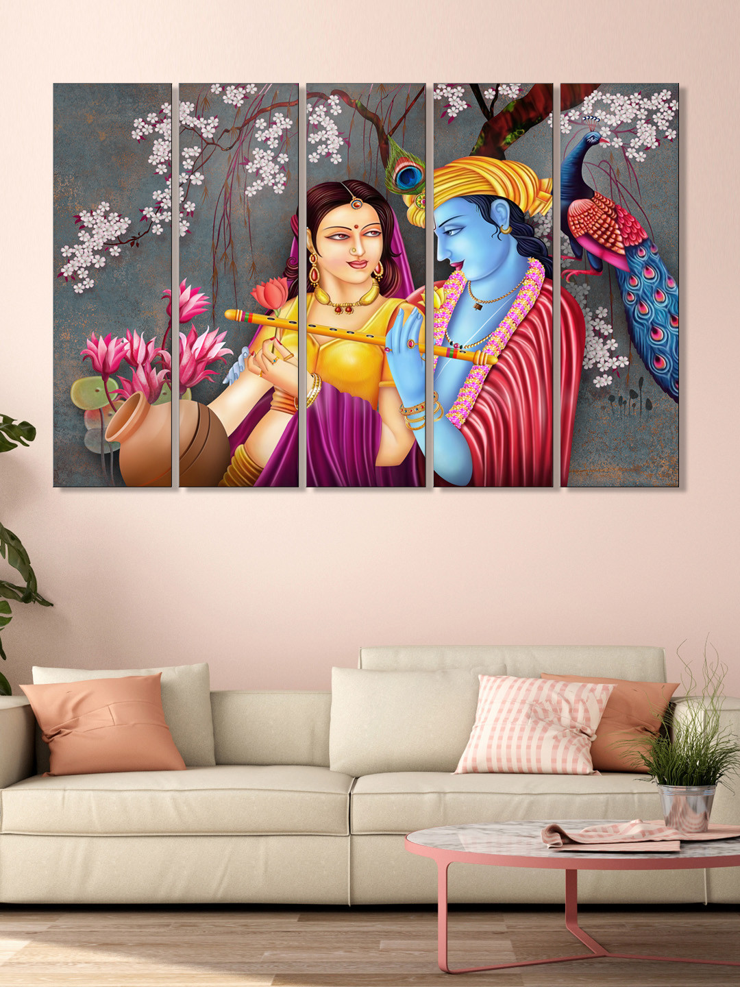 999Store Set of 5 Grey & Yellow Printed Radha Krishna Framed Wall Art