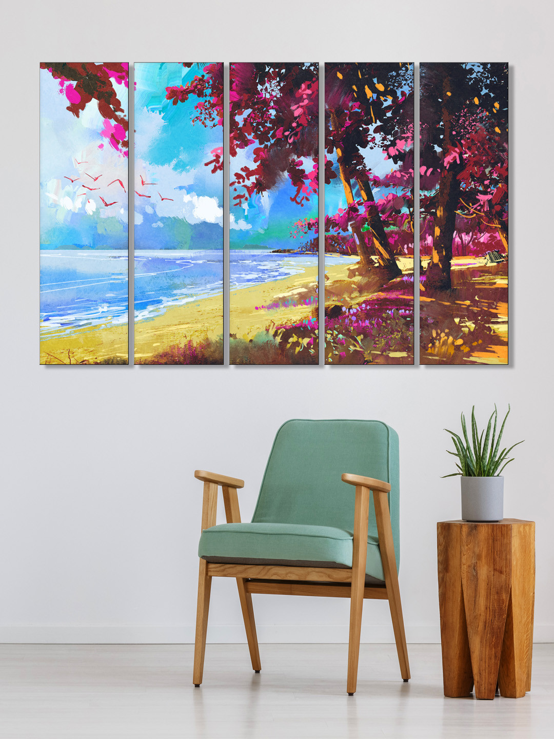 999Store Set of 5 Pink & Blue Printed Leaves Tree Framed Wall Art