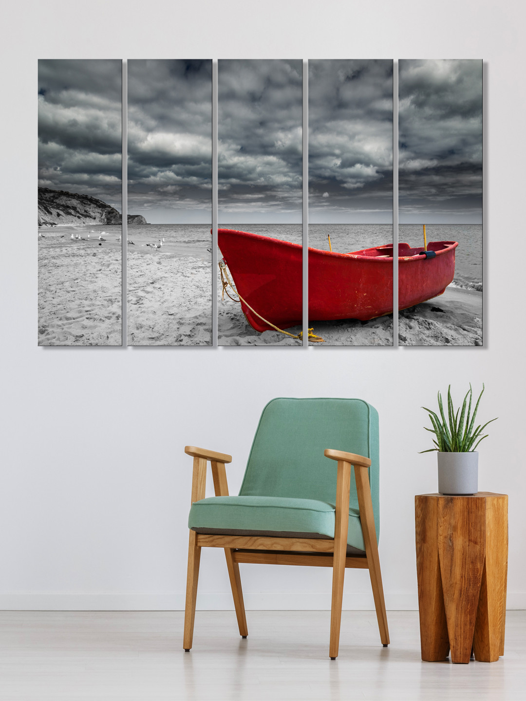 999Store Set of 5 Black & White Printed Red Boat And Sea Framed Wall Art