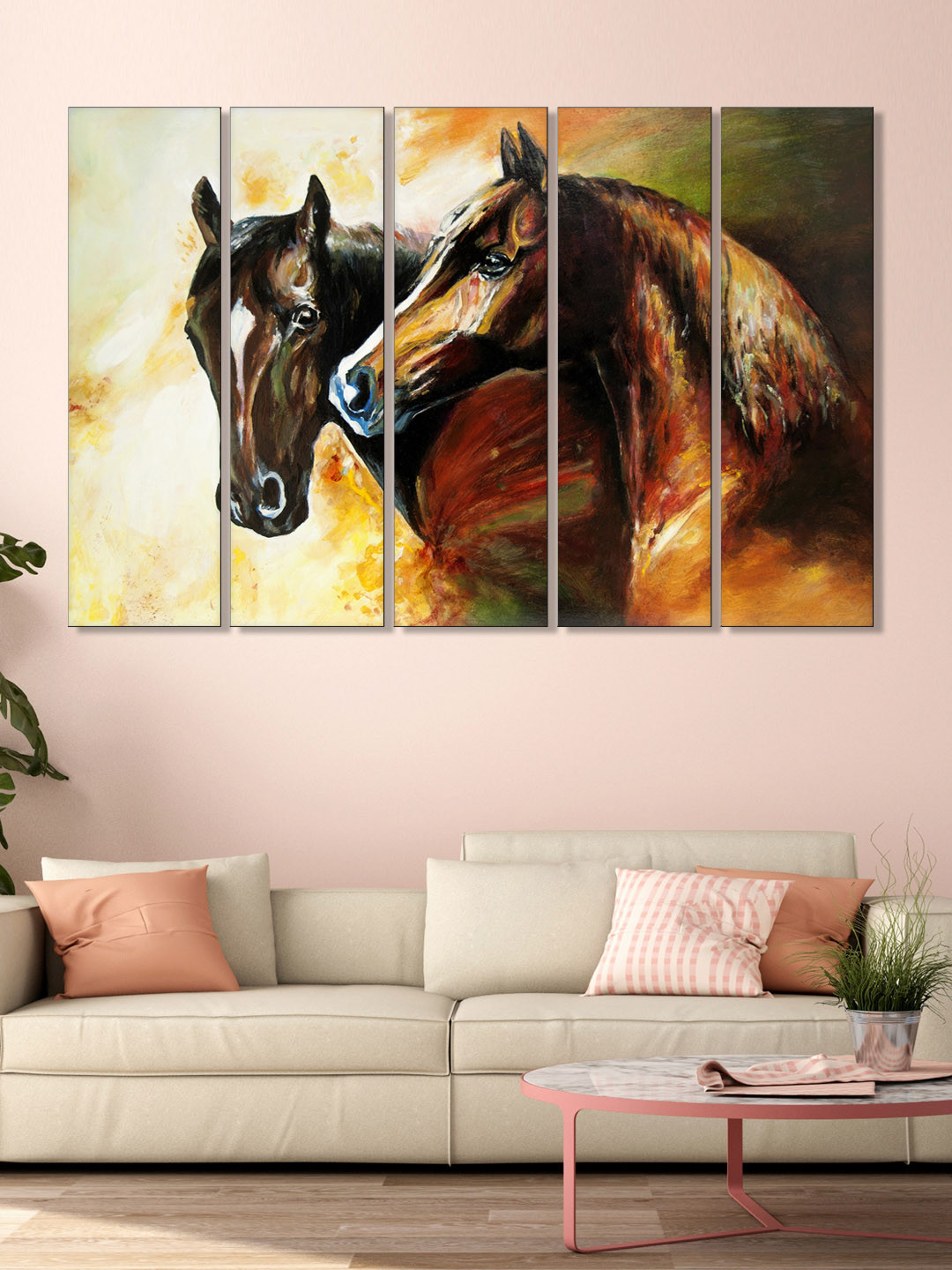 999Store Set of 5 Brown & Green Printed Horses Framed Wall Art