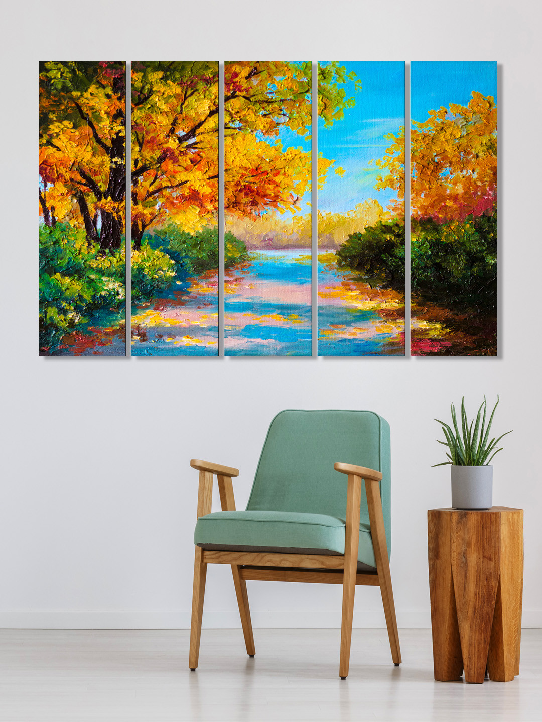 999Store Set of 5 Yellow & Blue Printed Autumn Yellow Leaves Tree Framed Wall Art