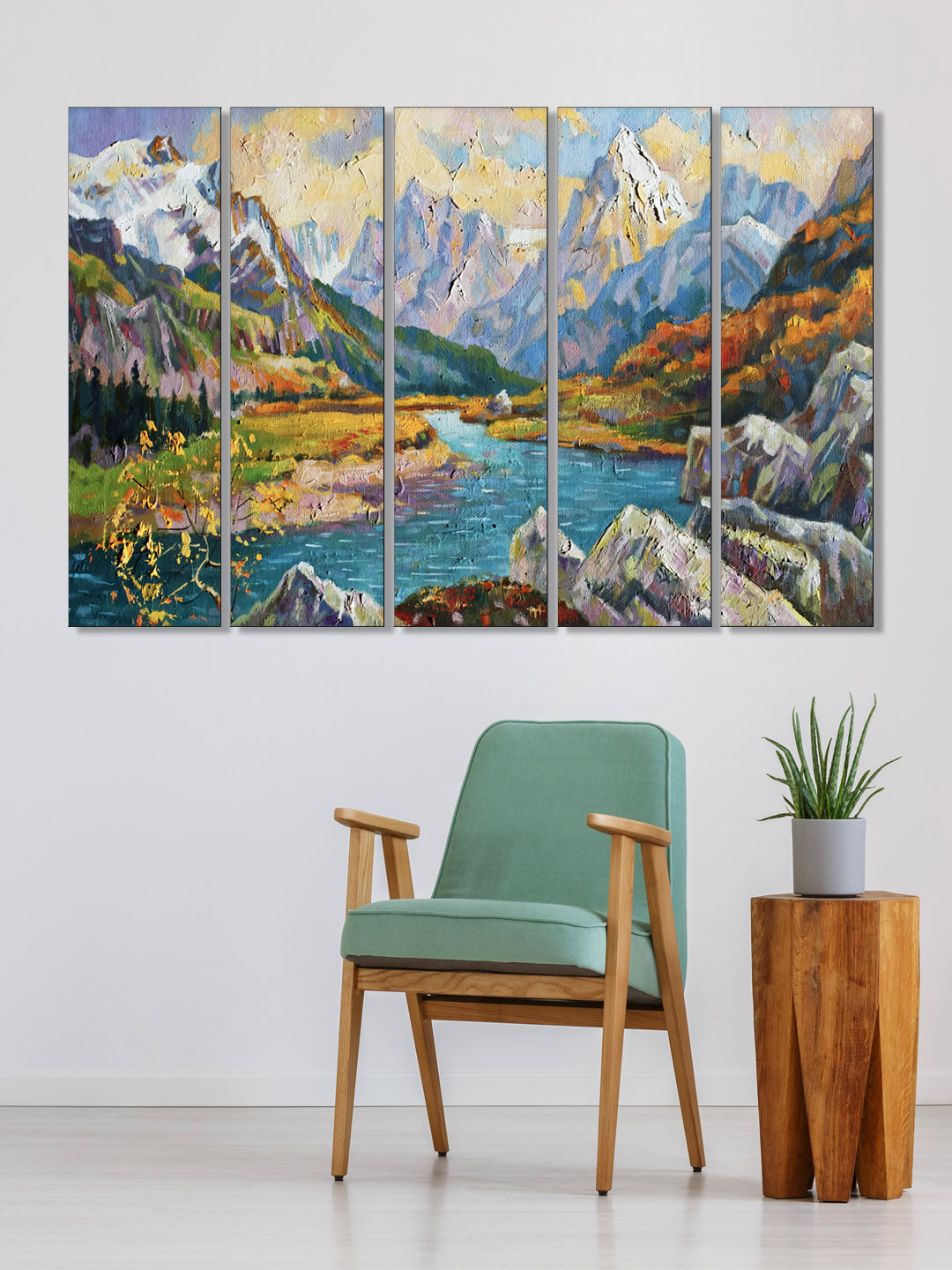 999Store Set of 5 White & Green Printed Mountains And River Framed Wall Art