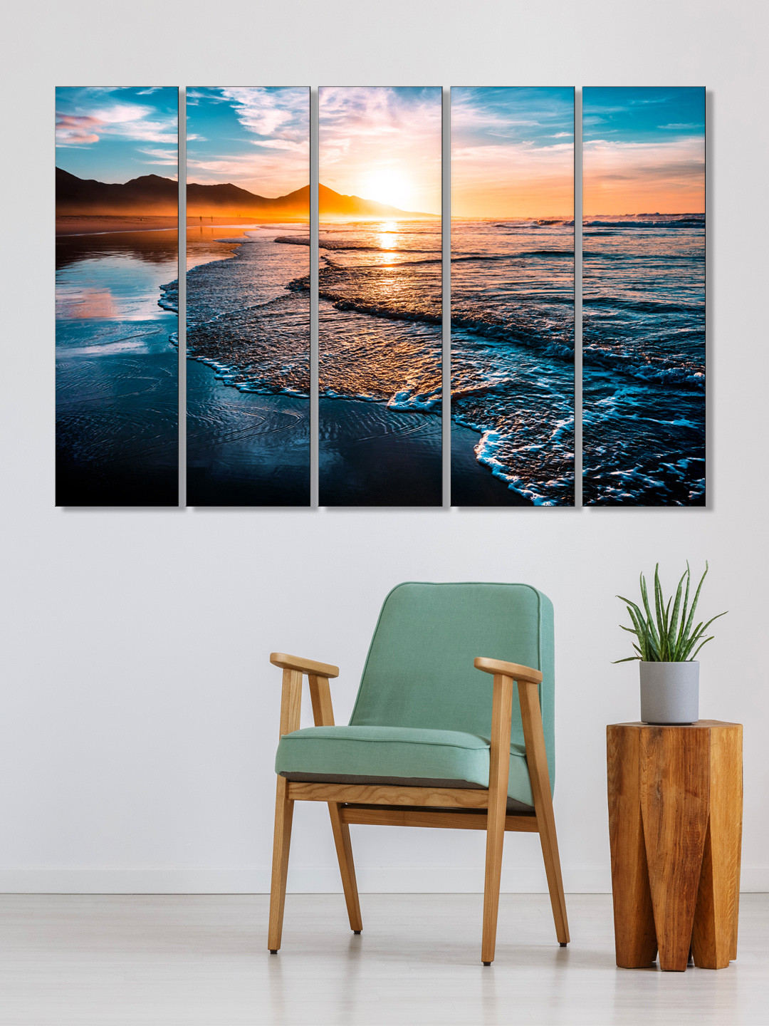 999Store Set of 5 Blue & Yellow Printed Sunset Behind The Mountains Framed Wall Art