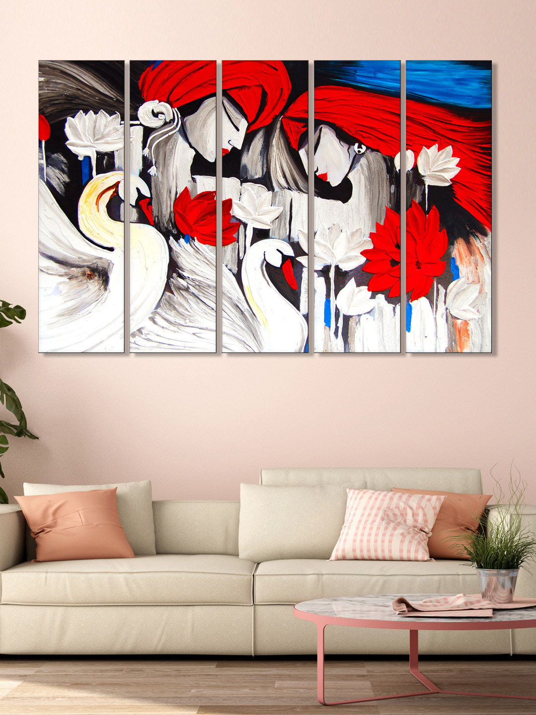 999Store Set of 5 White & Red Printed Man And Women Framed Wall Art