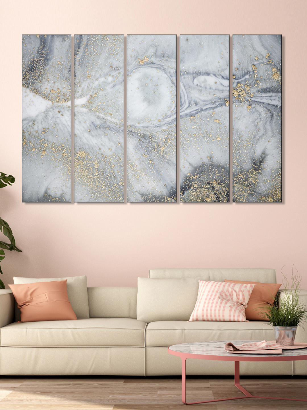 999Store Set of 5 White & Yellow Printed White And Golden Framed Wall Art