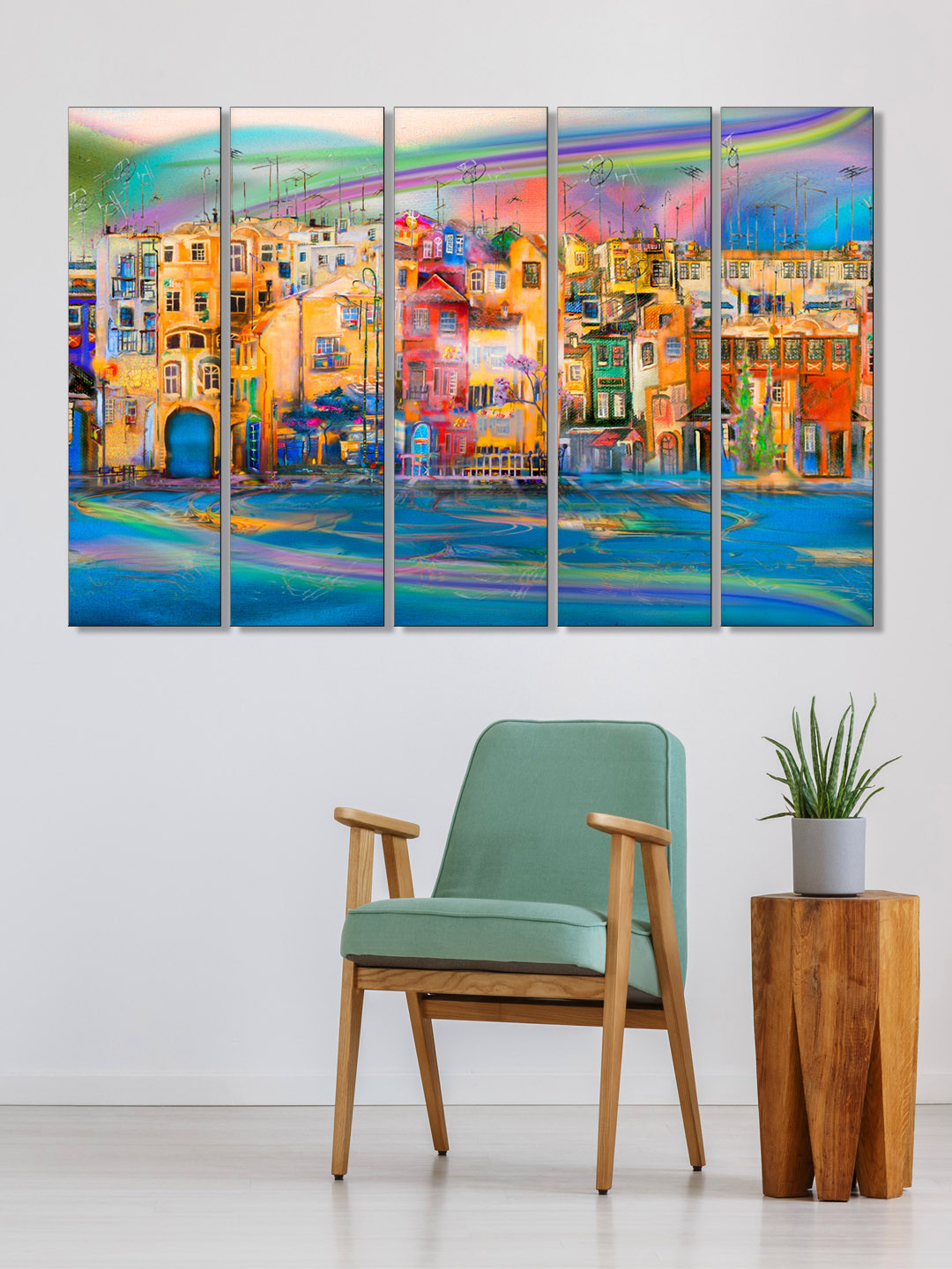 999Store Blue MDF 5 Pcs Wall Living Room Rectangle Paintings Wall Art -29.92 x 10.24In