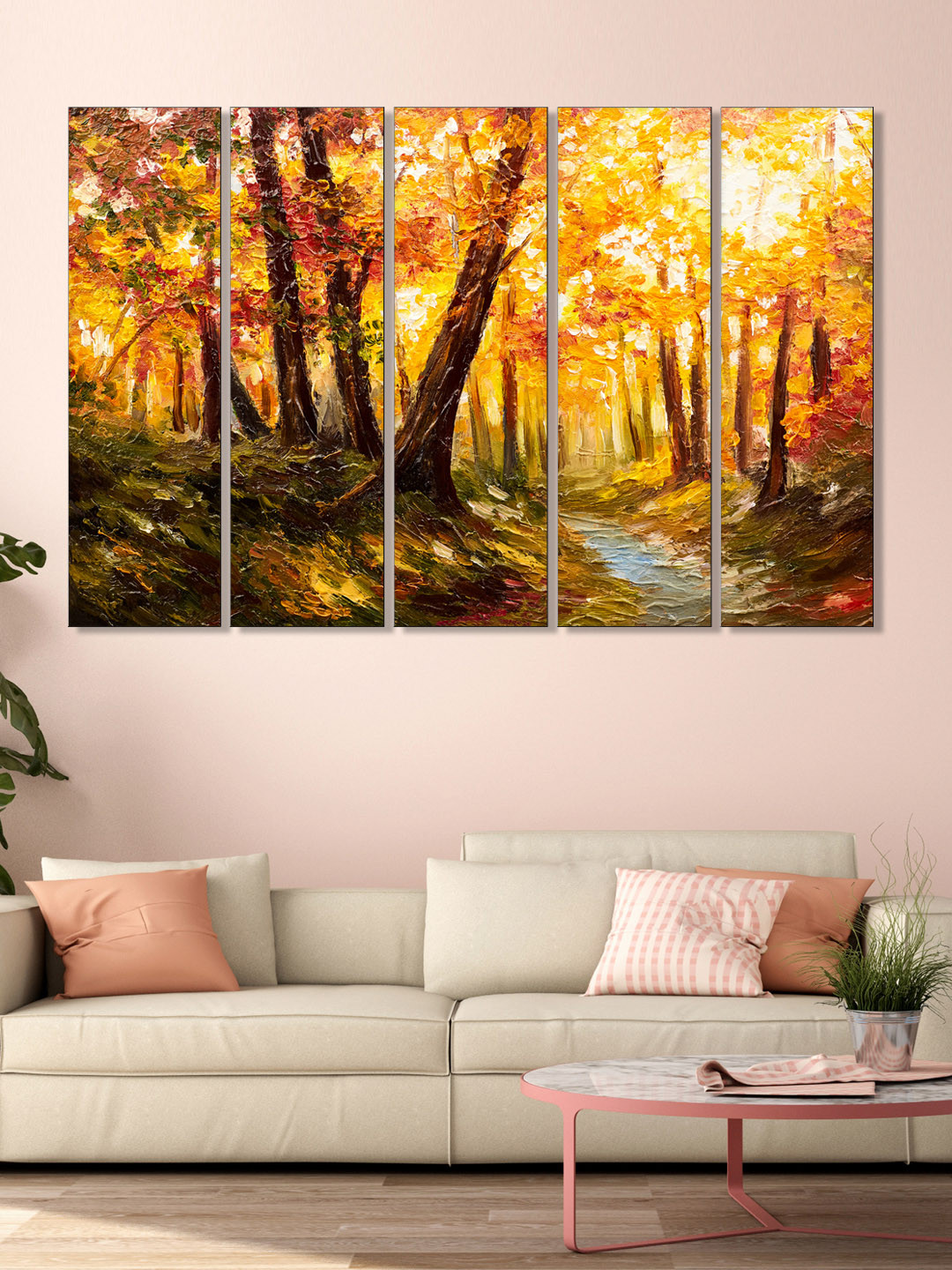 999Store Set of 5 Yellow & Green Printed Leaves Tree Forest Framed Wall Art