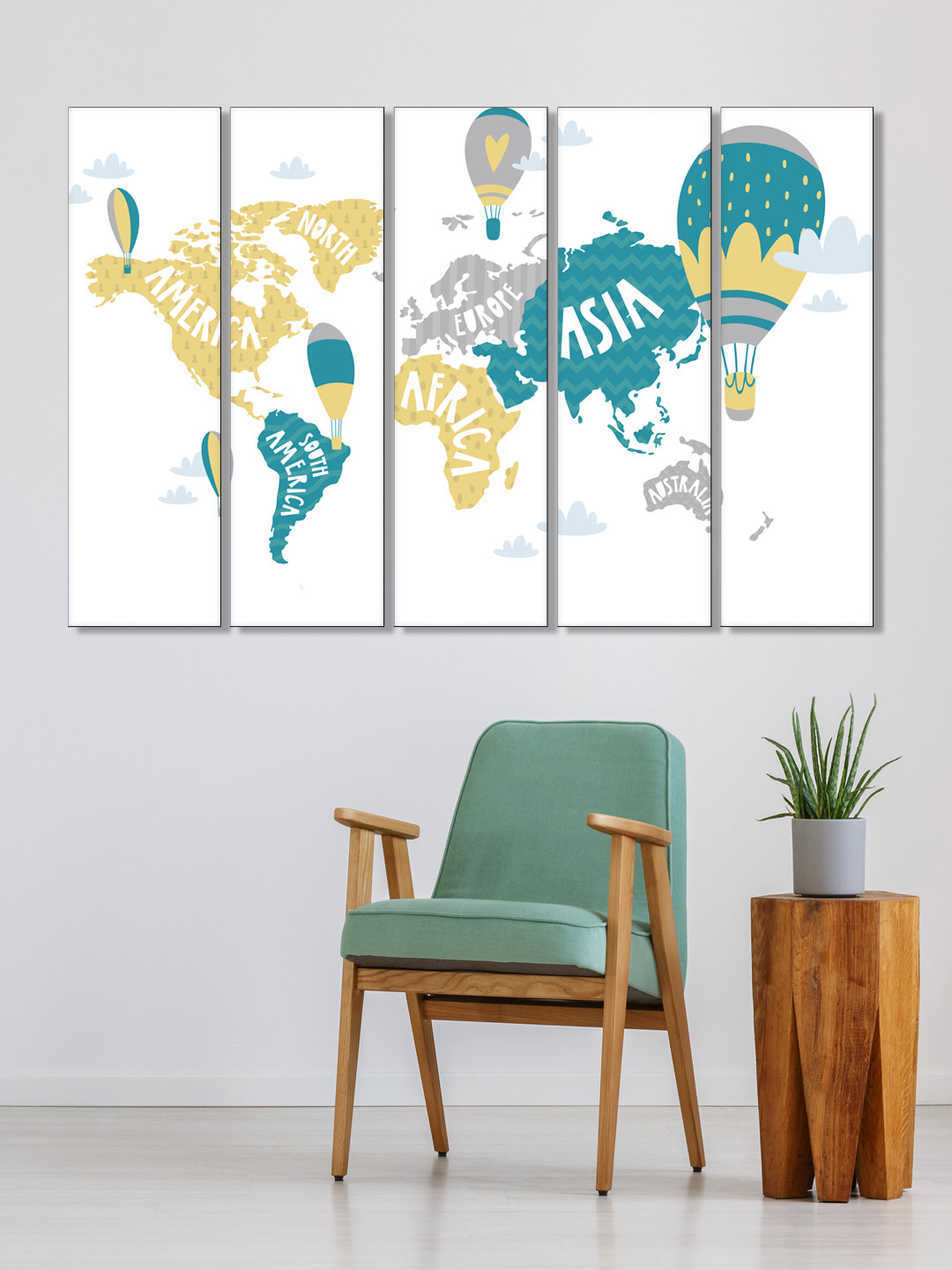 999Store Set of 5 White & Blue Printed World Map Framed Wall Art