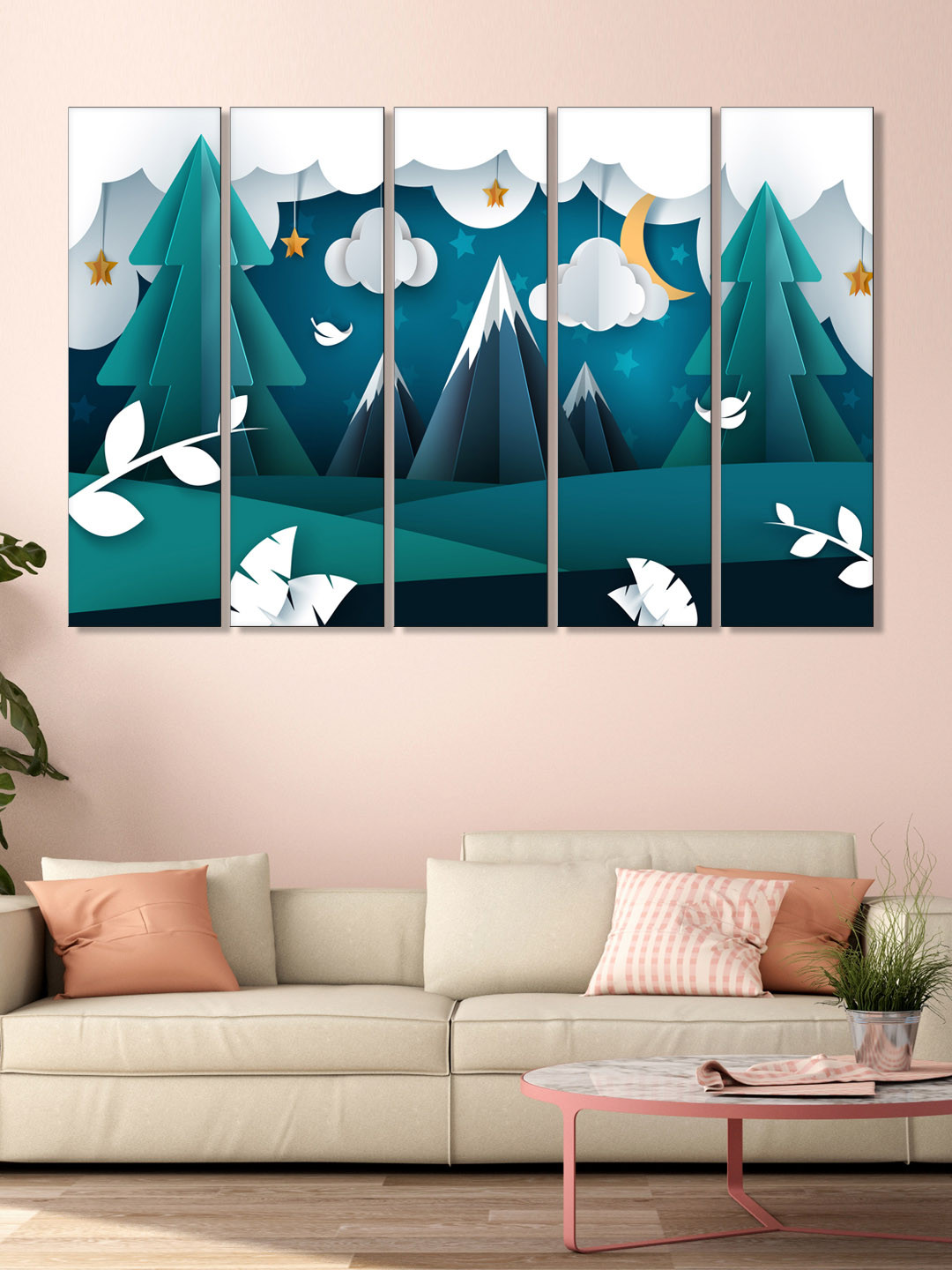 999Store Set of 5 Green & White Printed Mountains And Tree Framed Wall Art