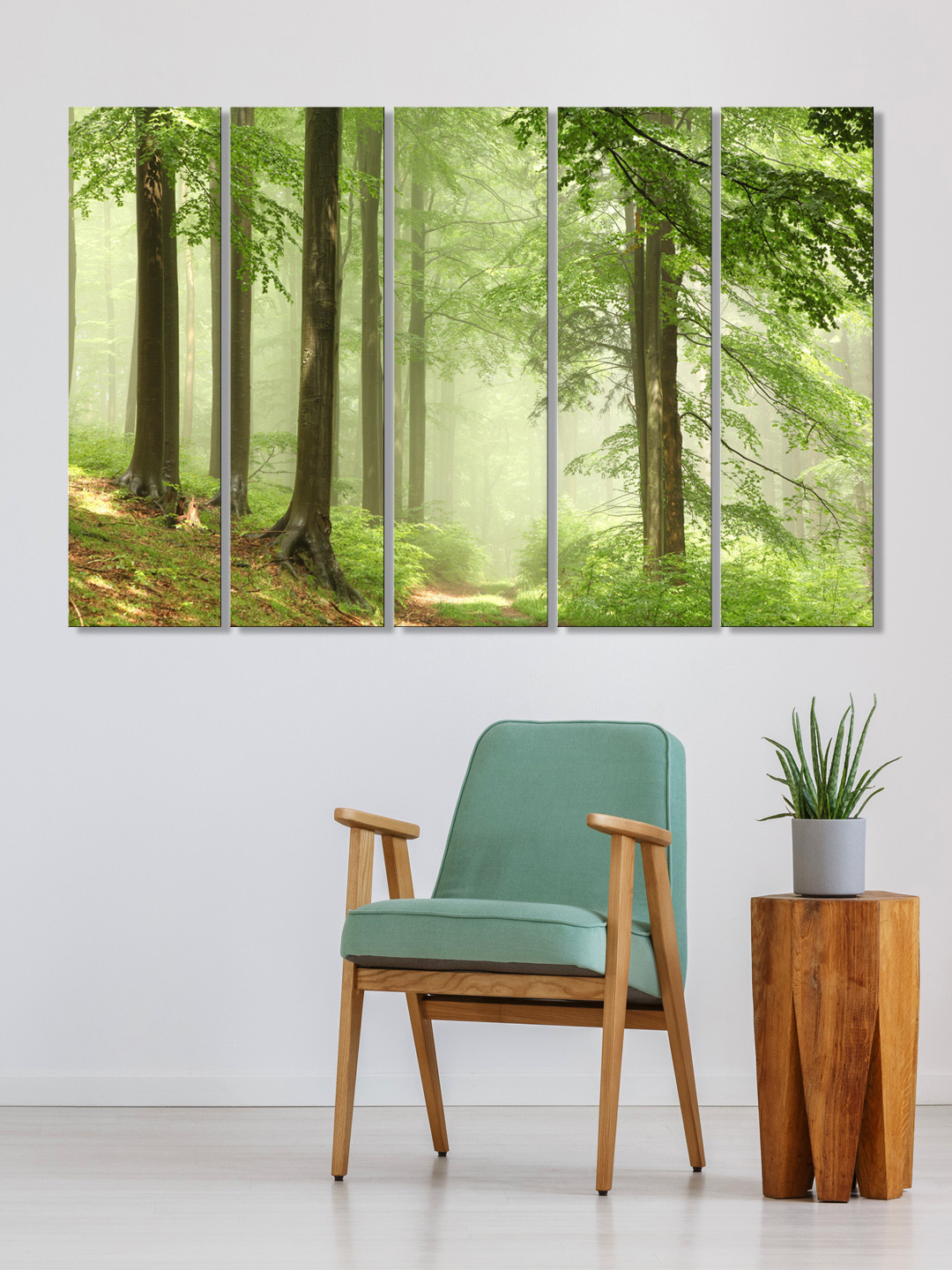 999Store Set of 5 Green & White Printed Green Forest Framed Wall Art