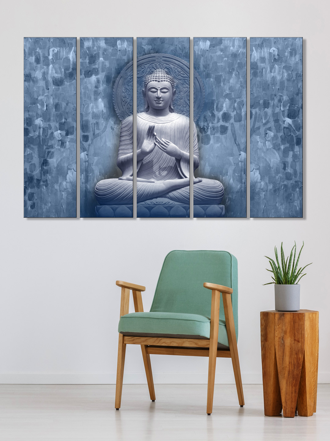 999Store Set of 5 Blue & Grey Printed Meditating Buddha Framed Wall Art
