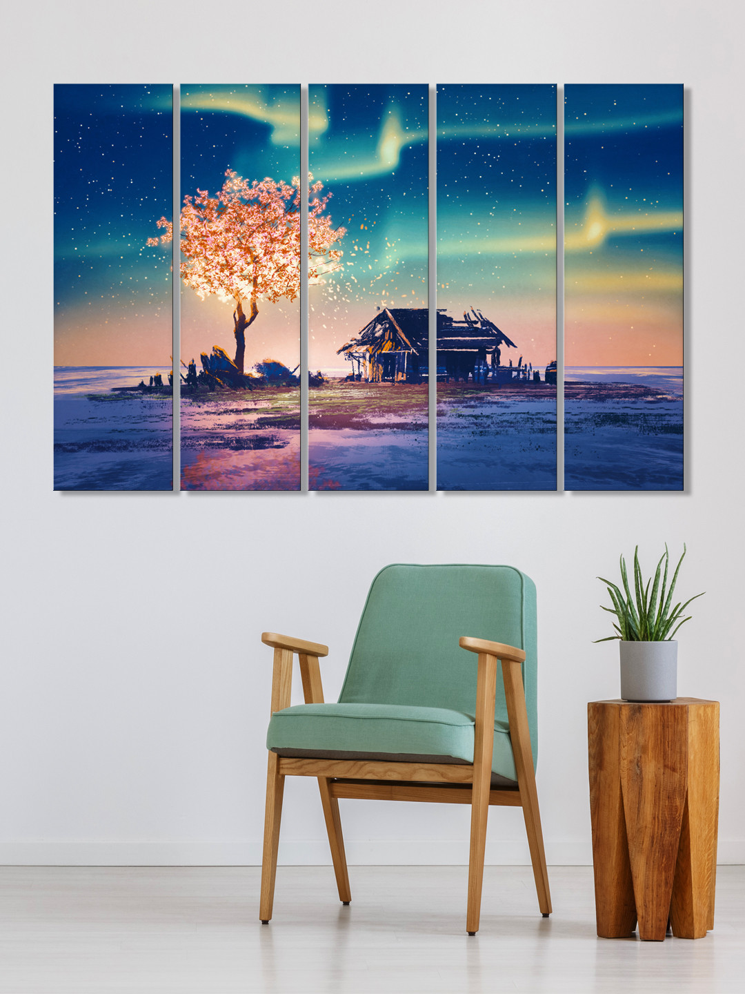 999Store Set of 5 Blue & Violet Printed Glowing Tree Leaves And House Framed Wall Art