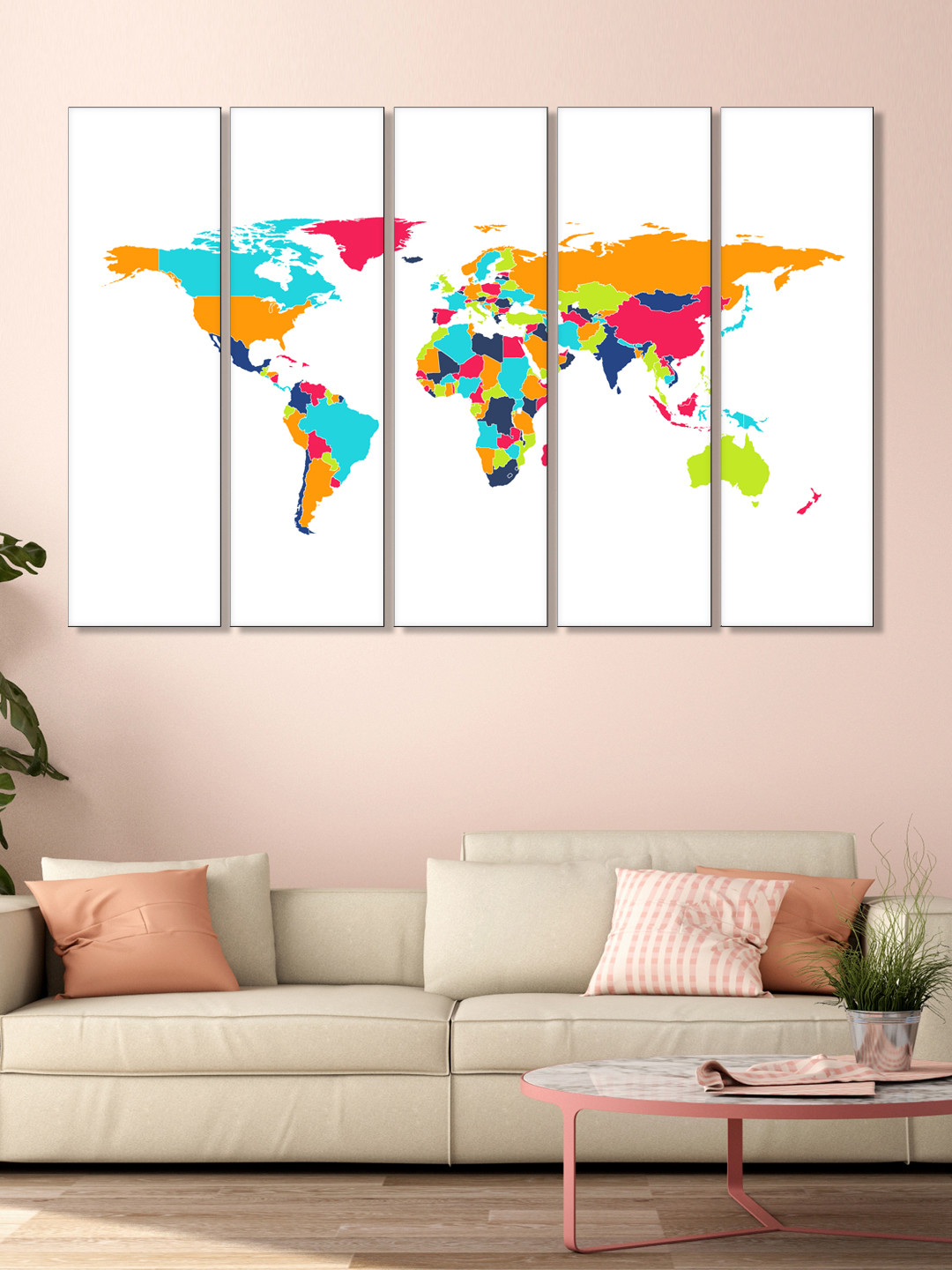 999Store Set of 5 White & Yellow Printed World Map Framed Wall Art