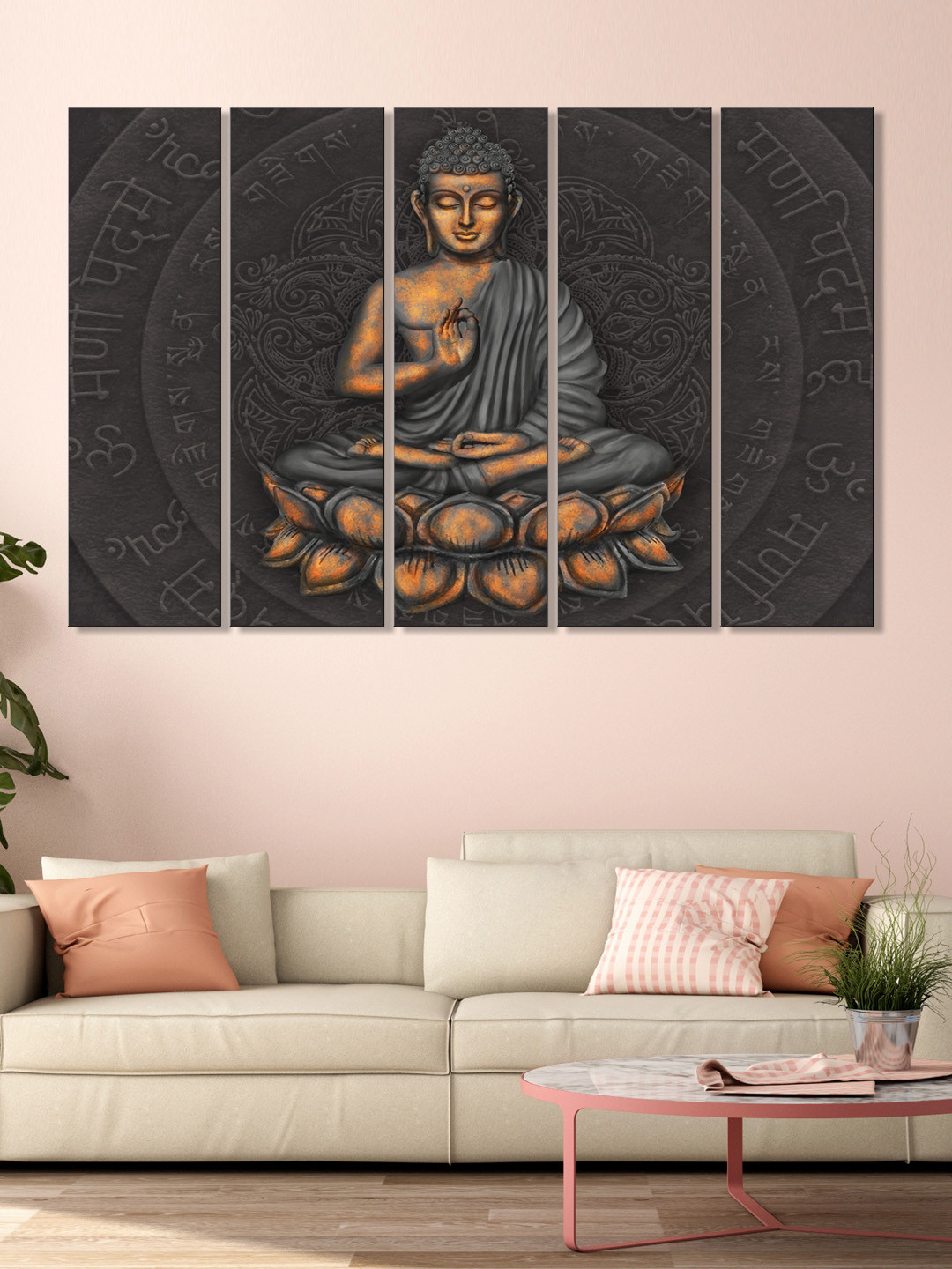 999Store Set of 5 Brown & Black Printed Meditating Buddha Framed Wall Art