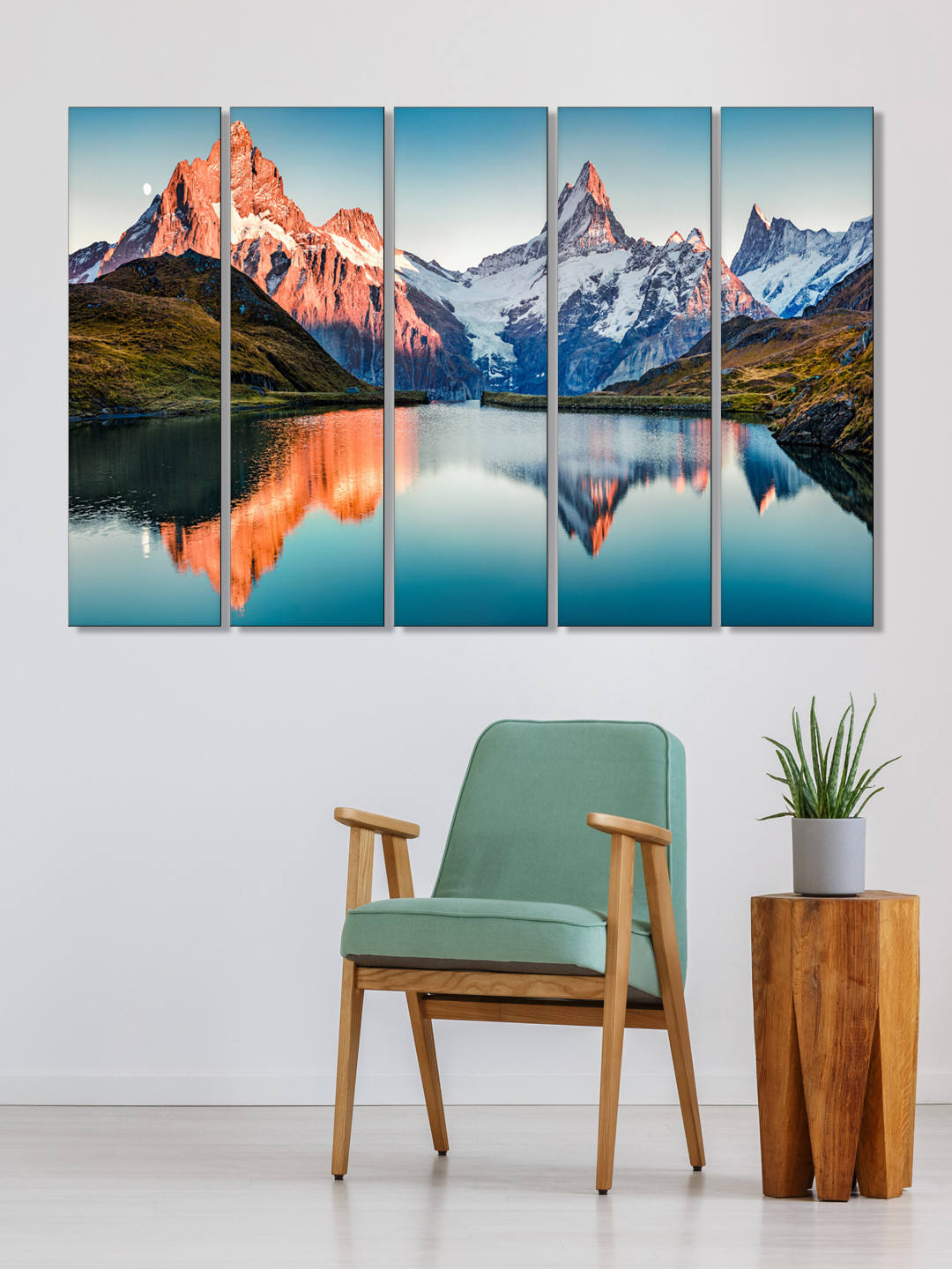 999Store Set of 5 Blue & Green Printed Mountains And Lake Framed Wall Art