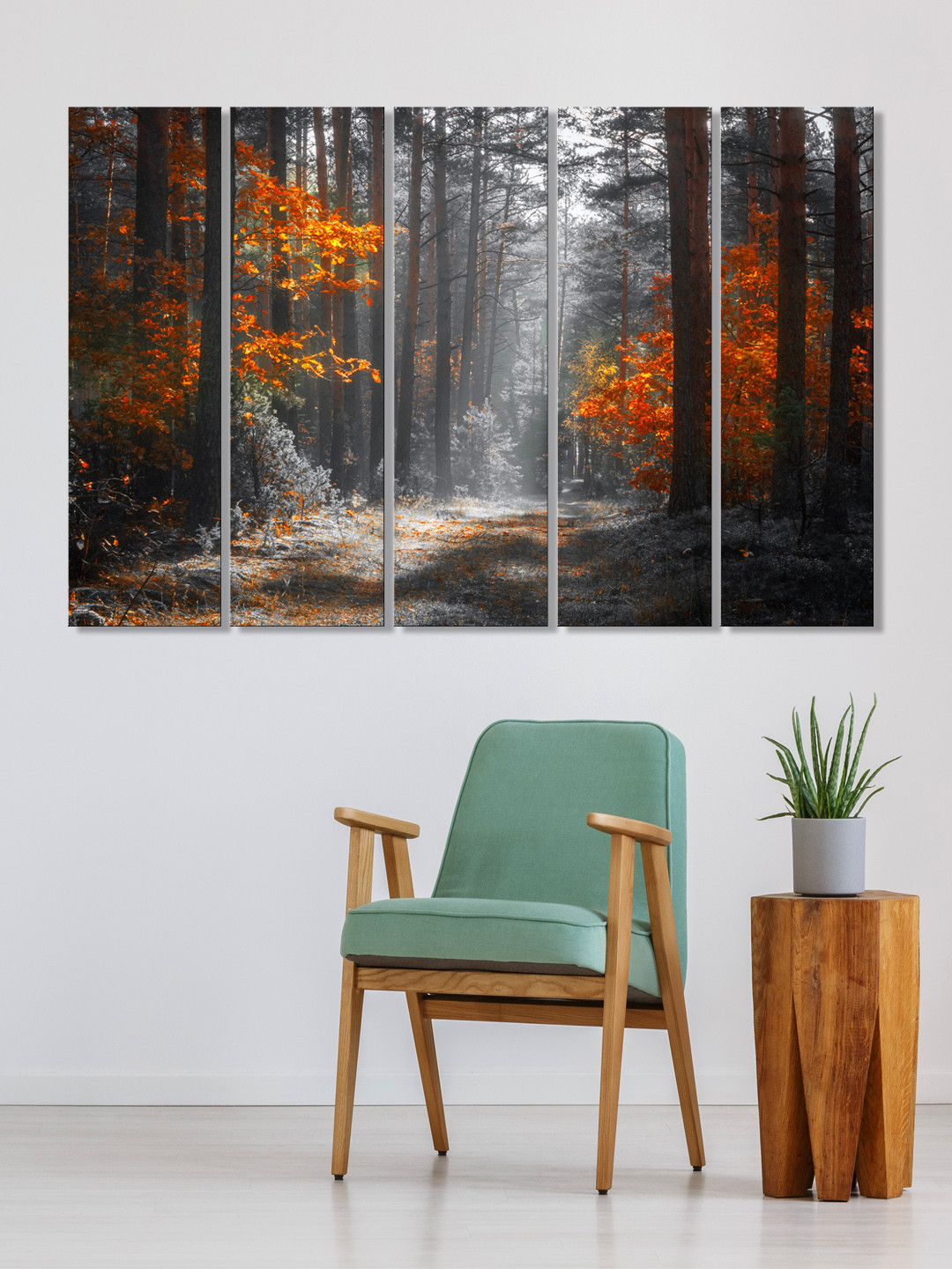 999Store Set of 5 Grey & Orange Printed Autumn Forest Framed Wall Art