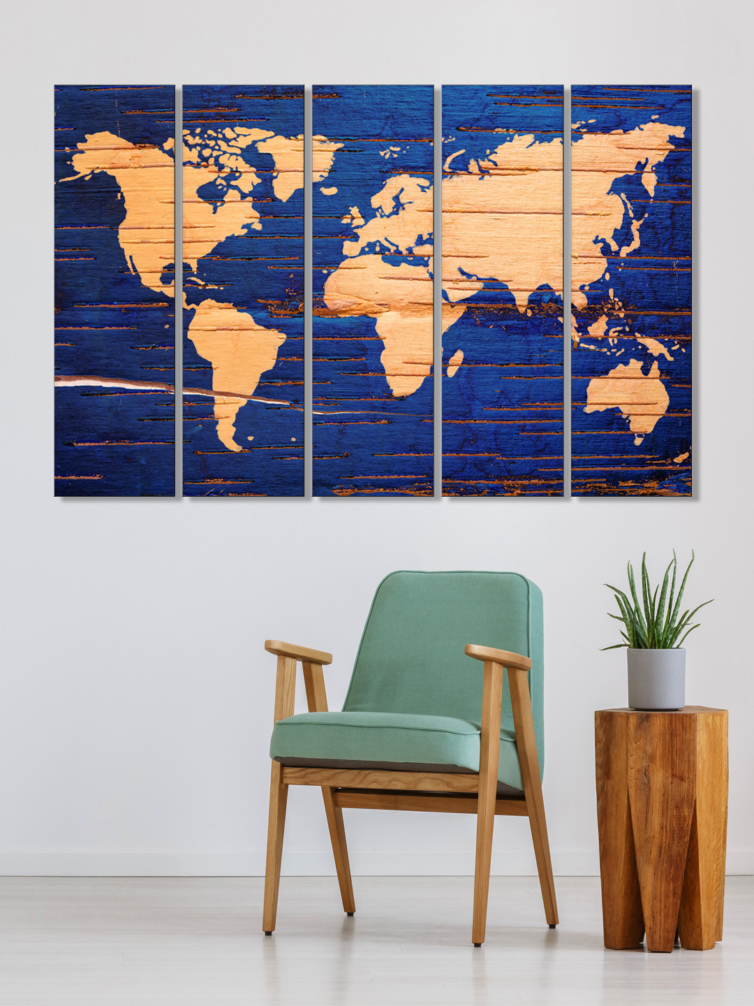 999Store Set of 5 Blue & Brown Printed World Map Framed Wall Art