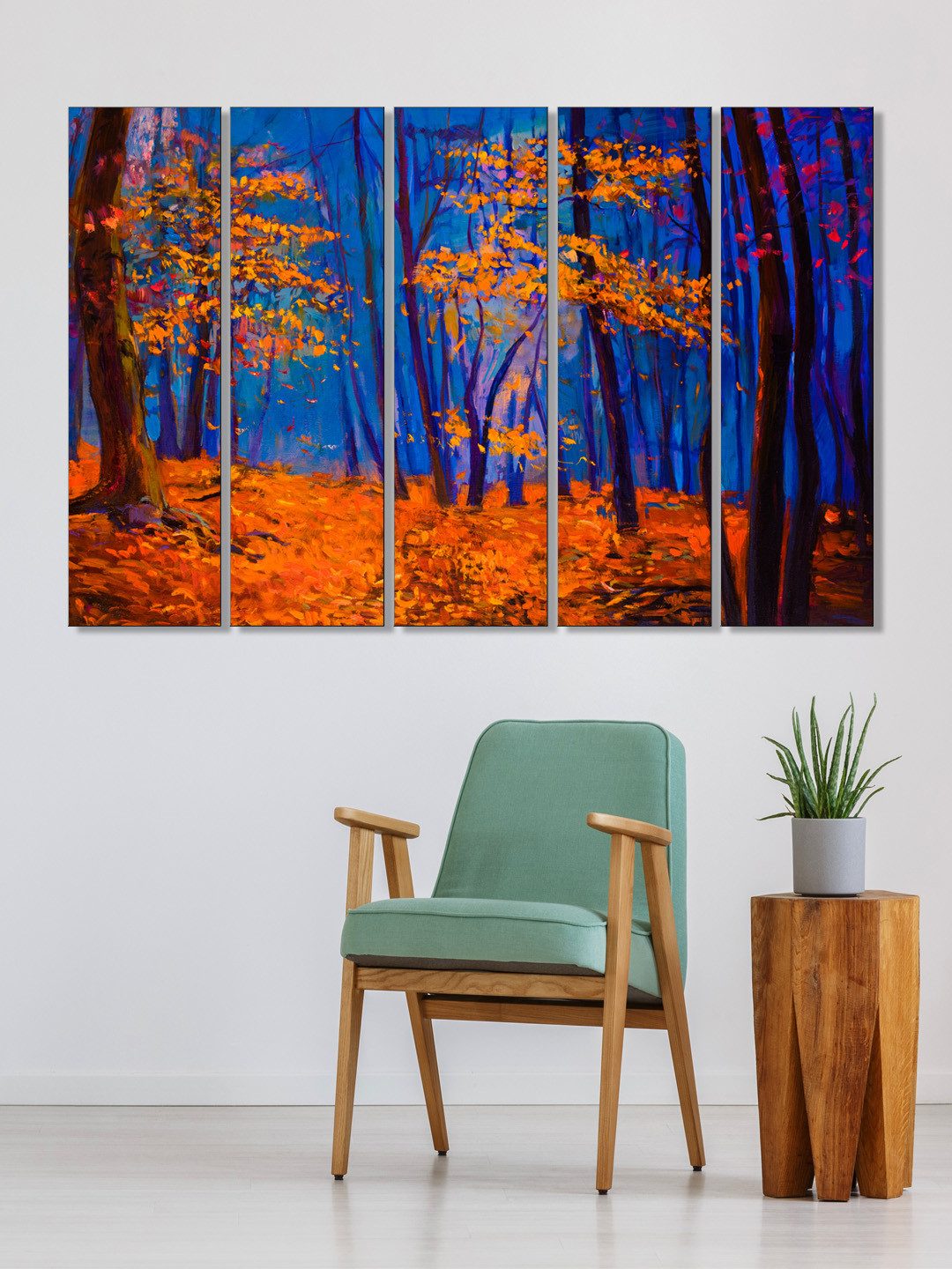 999Store Set of 5 Yellow & Blue Printed Leaves Tree Forest Framed Wall Art