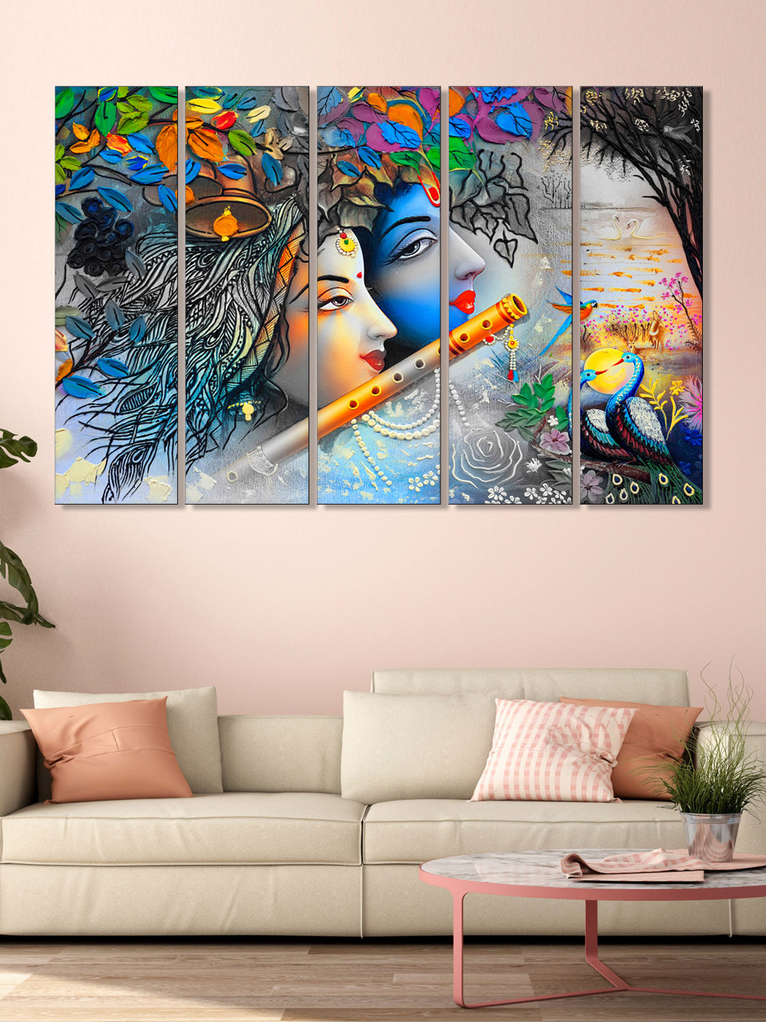 999Store Set of 5 Blue & Grey Printed Radha Krishna Framed Wall Art