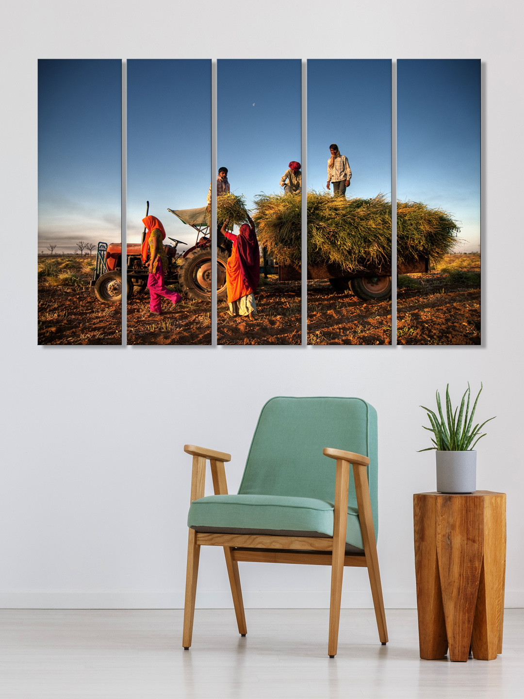 999Store Set of 5 Green & Blue Printed Indian Farming Fields Framed Wall Art