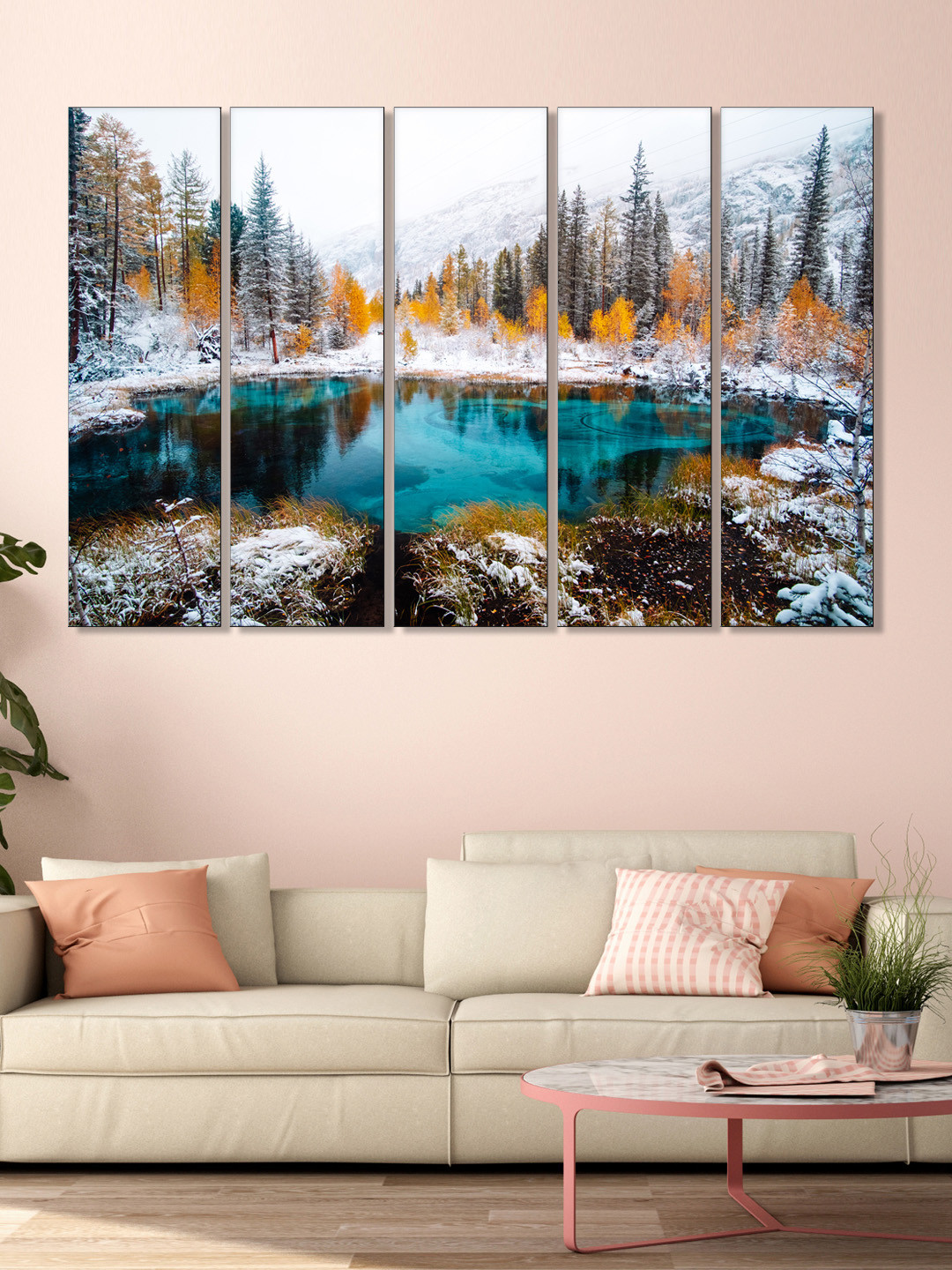 999Store Set of 5 White & Blue Printed Lake And Trees Framed Wall Art