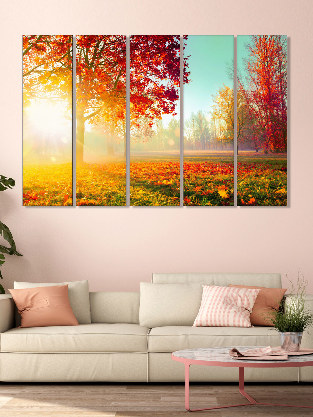 999Store Set of 5 Orange & Yellow Printed Autumn Leaves Tree Framed Wall Art