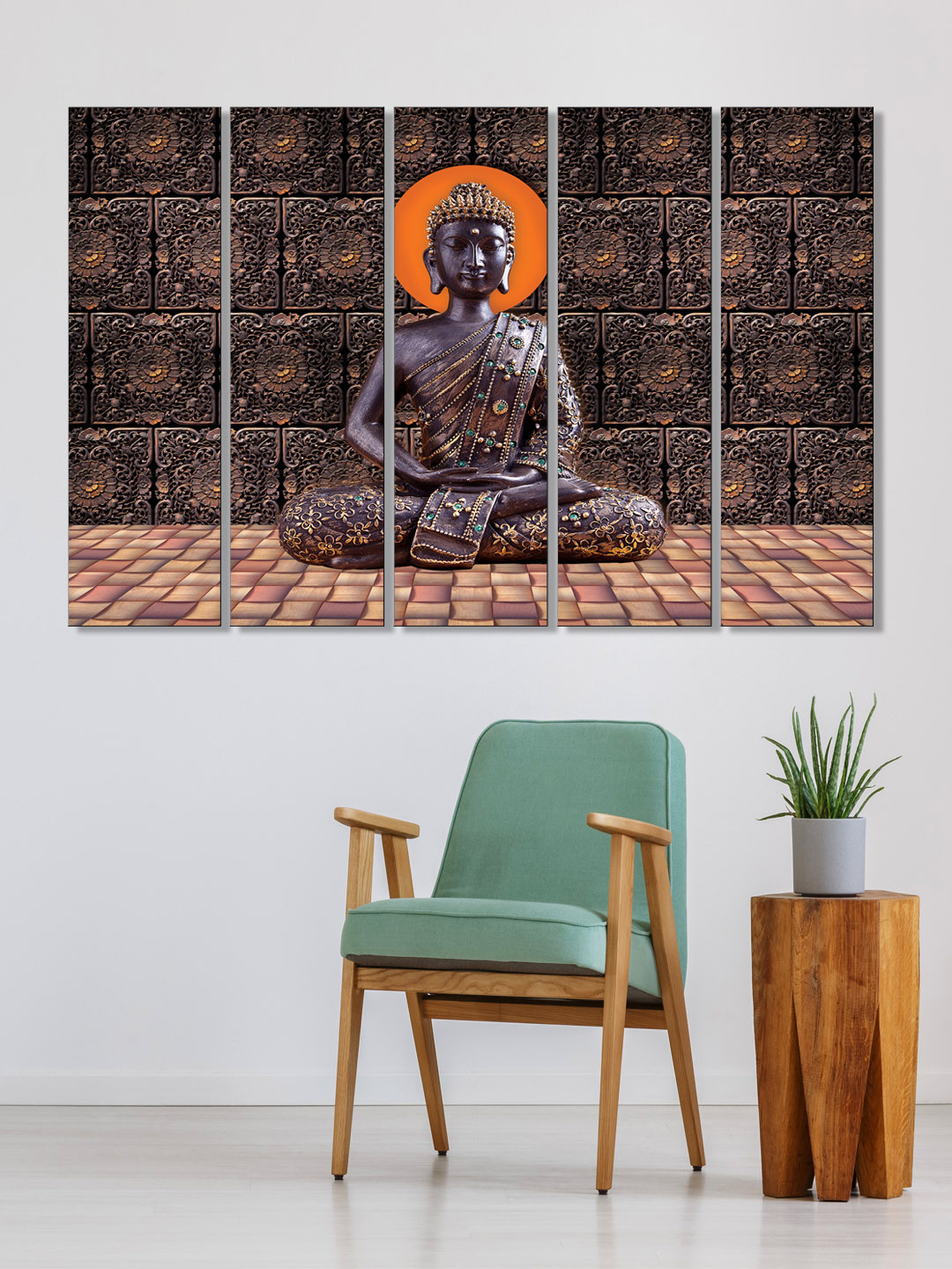999Store Set of 5 Black & Brown Printed Meditating Buddha Framed Wall Art