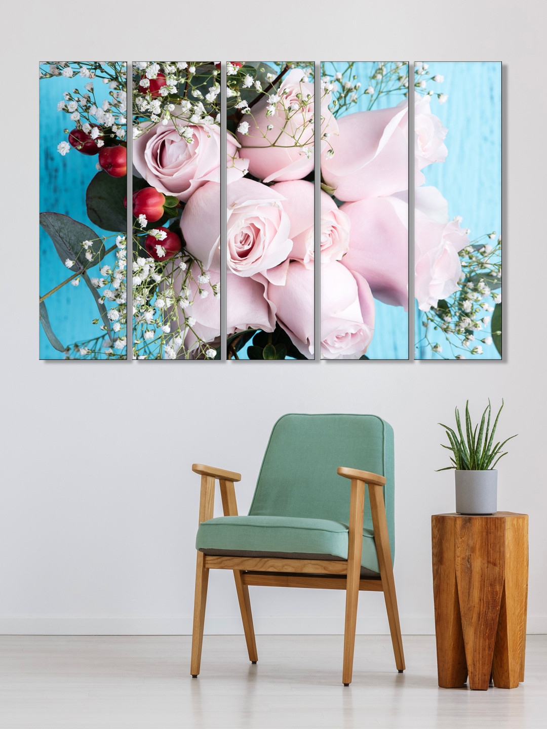 999Store Pink MDF 5 Pcs Wall Living Room Rectangle Paintings Wall Art -29.92 x 10.24In