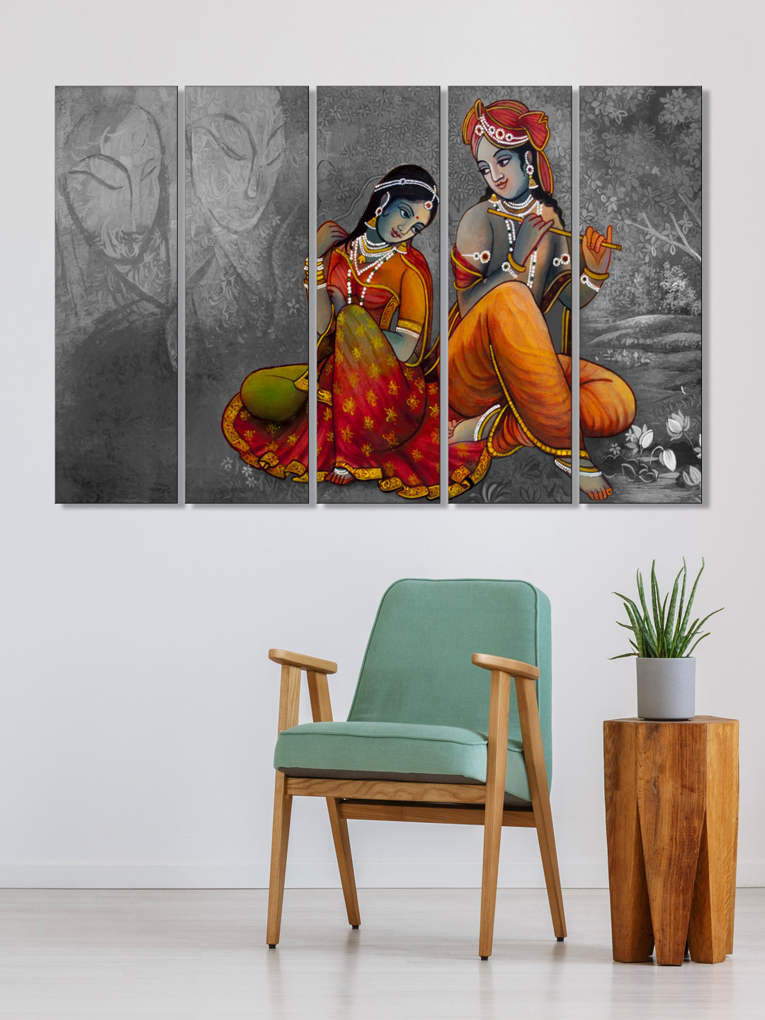 999Store Set of 5 Grey & Yellow Printed Radha Krishna Framed Wall Art