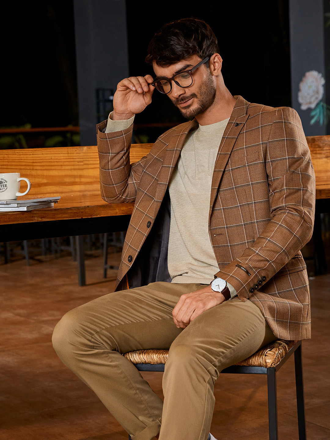 Blackberrys Men Rust Red & White Self-Checked Slim Fit Single-Breasted Blazer