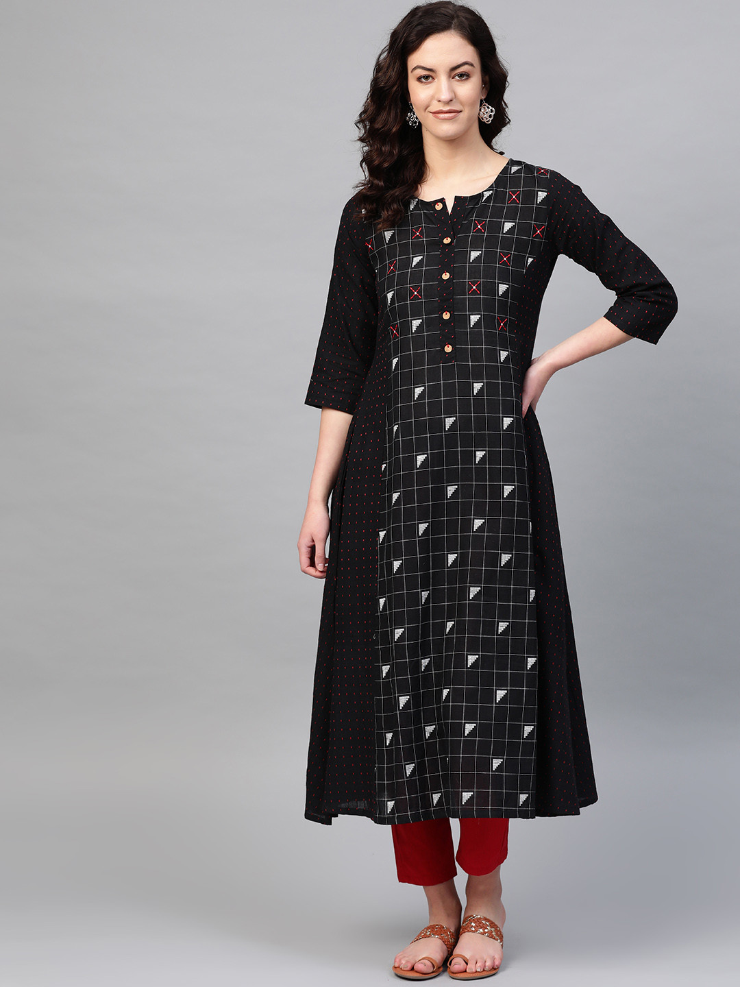 PINKSKY Women Black & Red Jacquard Self Design Kurta with Trousers