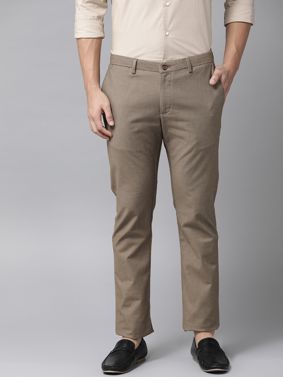 Blackberrys Men Brown & Beige Sharp Fit Self-Design Trousers