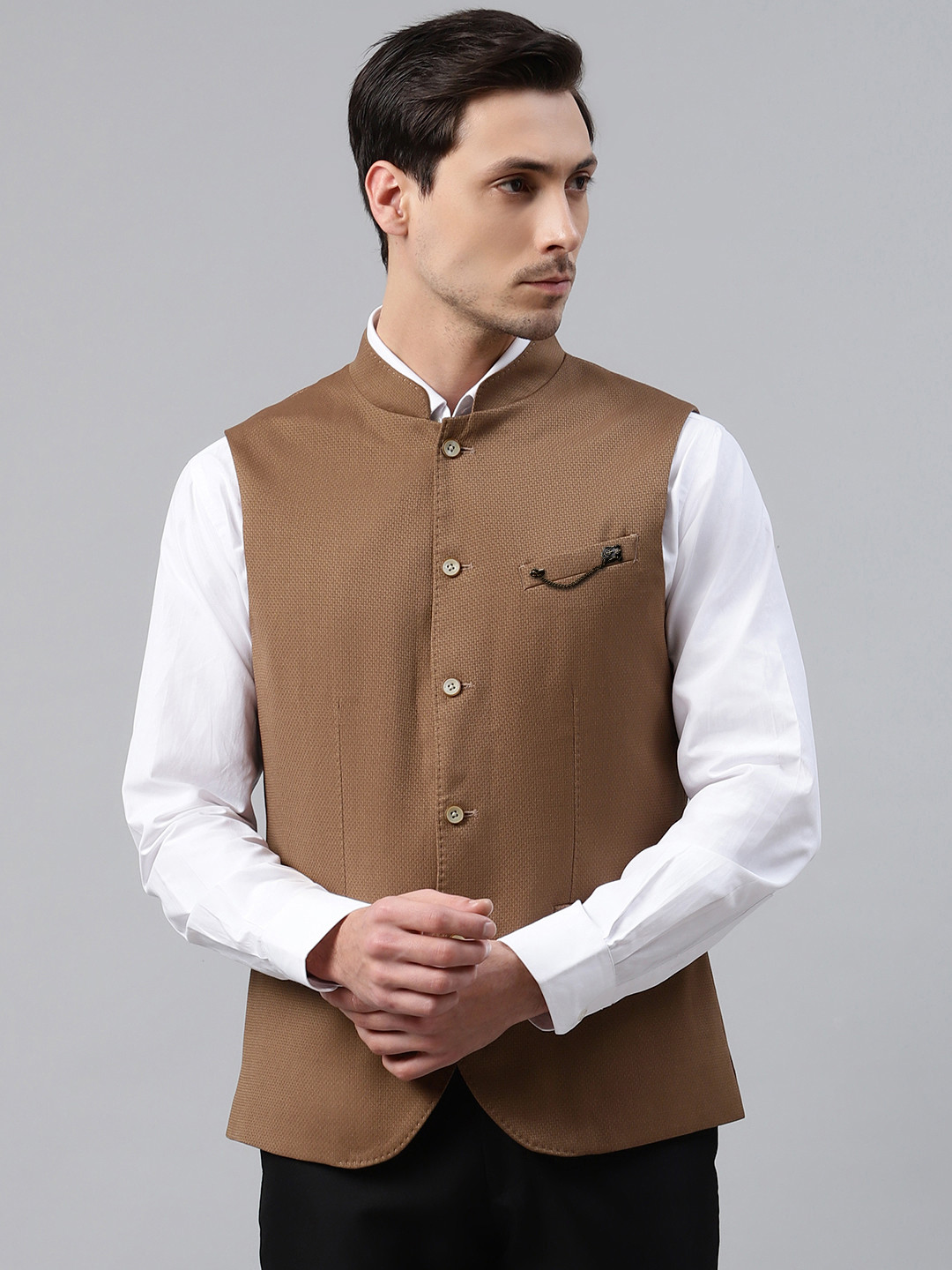 Blackberrys Men Brown Solid Slim Fit Smart Casual Nehru Jacket